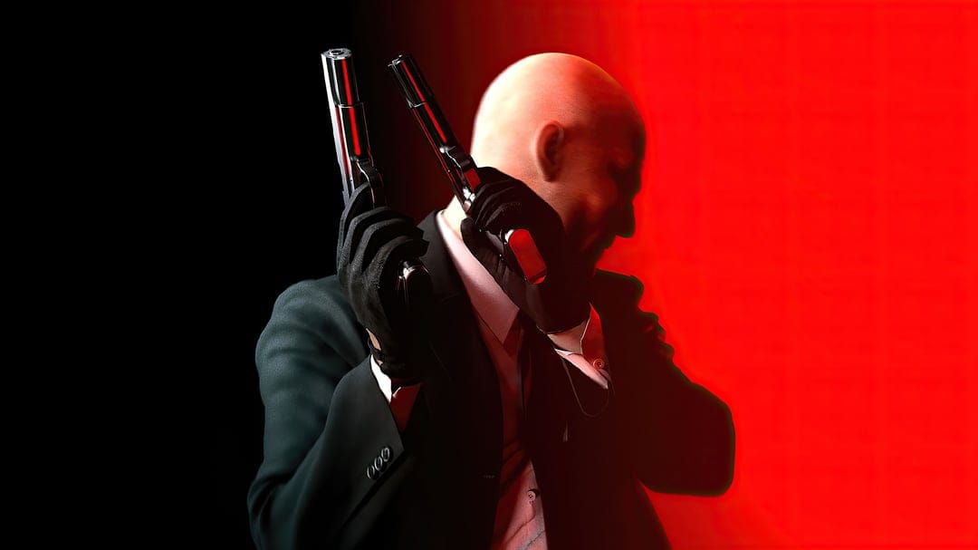 Bald man in a black suit holding two silver pistols against a split black and vibrant red background.