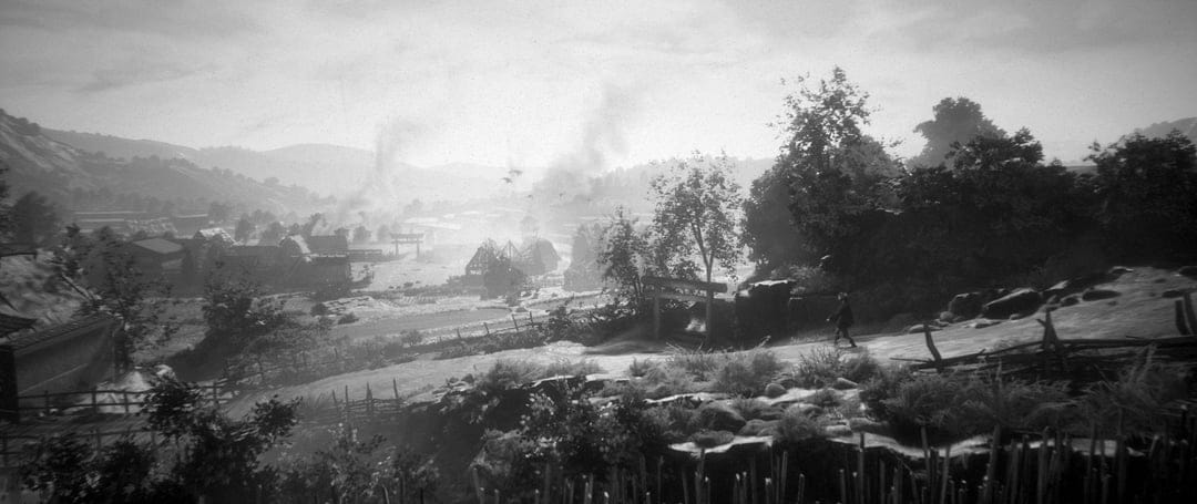 Lone figure walking toward a misty Japanese village with smoke rising from houses and a torii gate in monochrome.