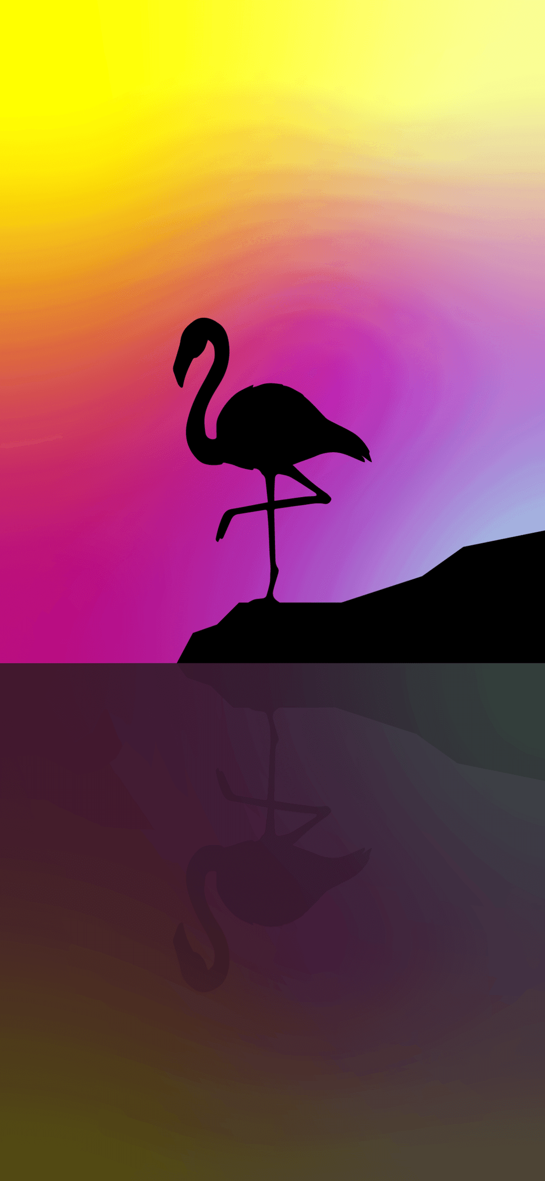 Flamingo silhouette standing on one leg in calm water reflects a vibrant pink and purple gradient sunset sky.