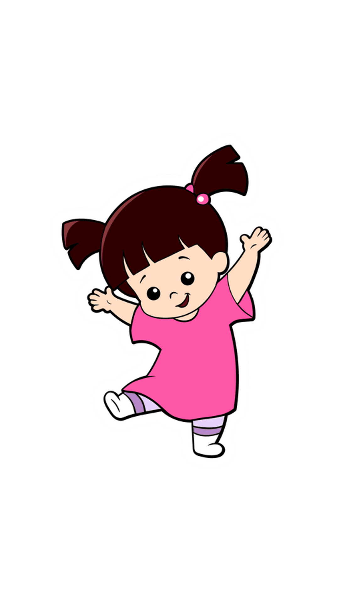 Boo from Monsters Inc raises her arms while wearing a pink nightshirt and striped leggings on a white background.