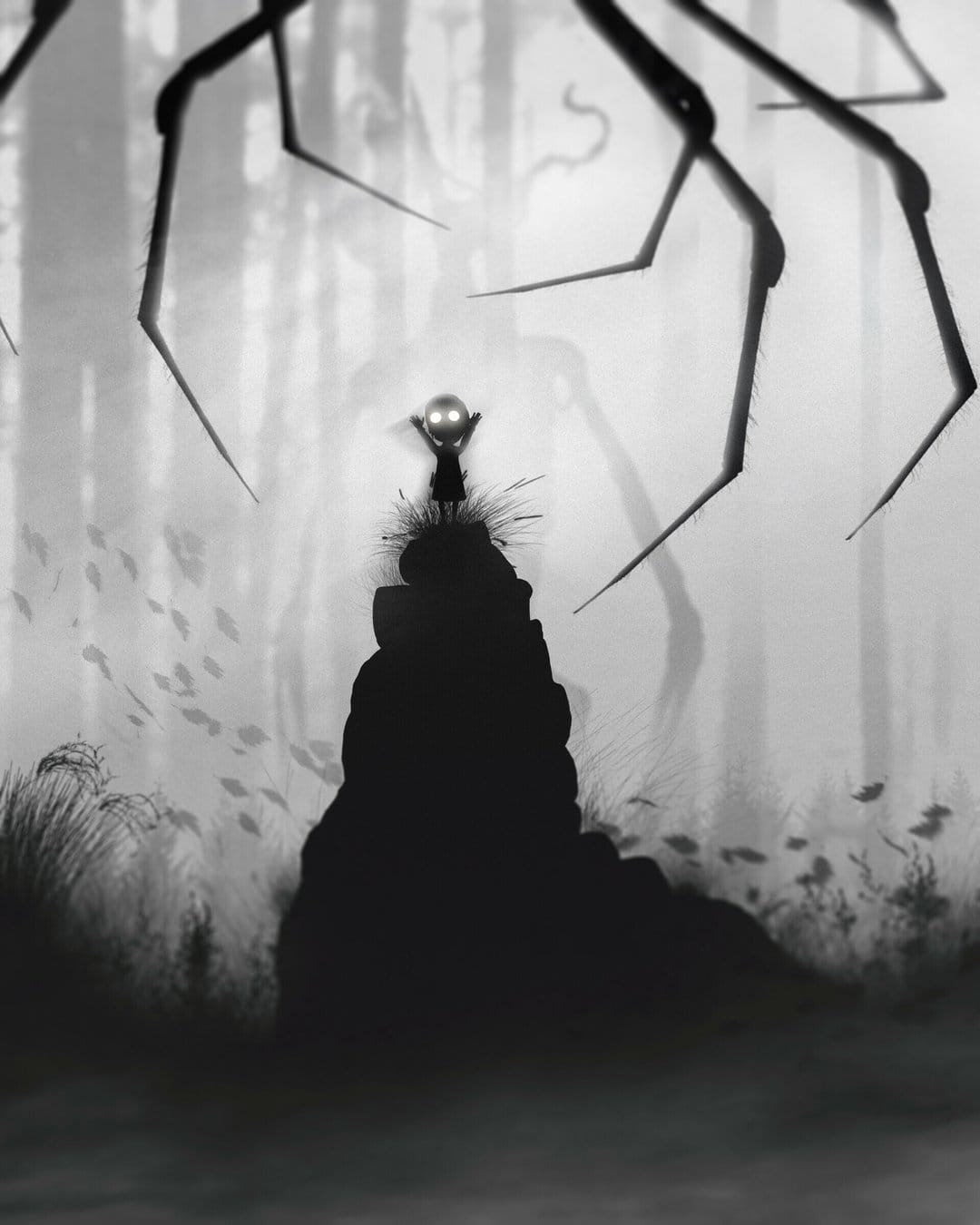 Small silhouette with glowing eyes stands on a rock beneath giant spider legs in a foggy monochrome forest.