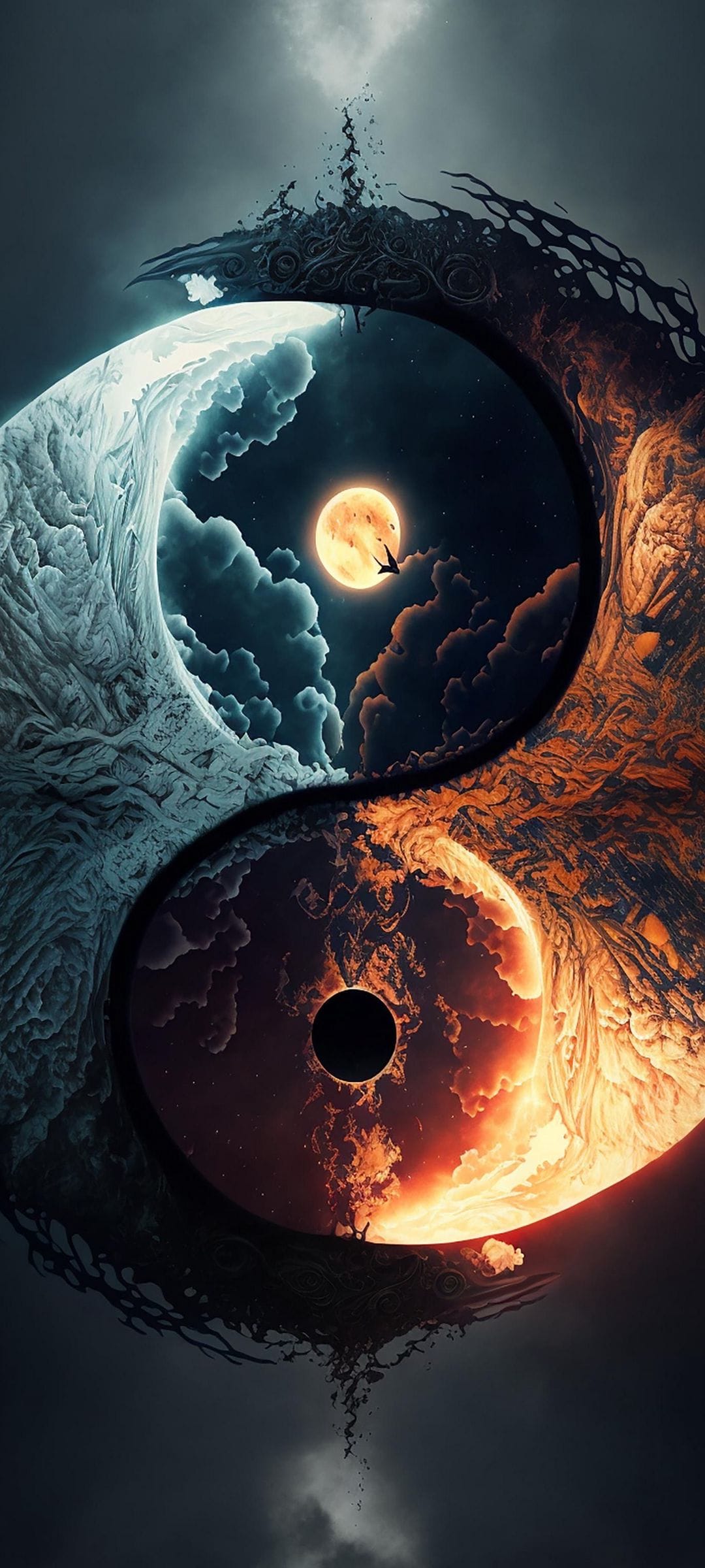 A circular yin yang composed of a flaming sun and frozen moon suspended among swirling nebular clouds and stars.