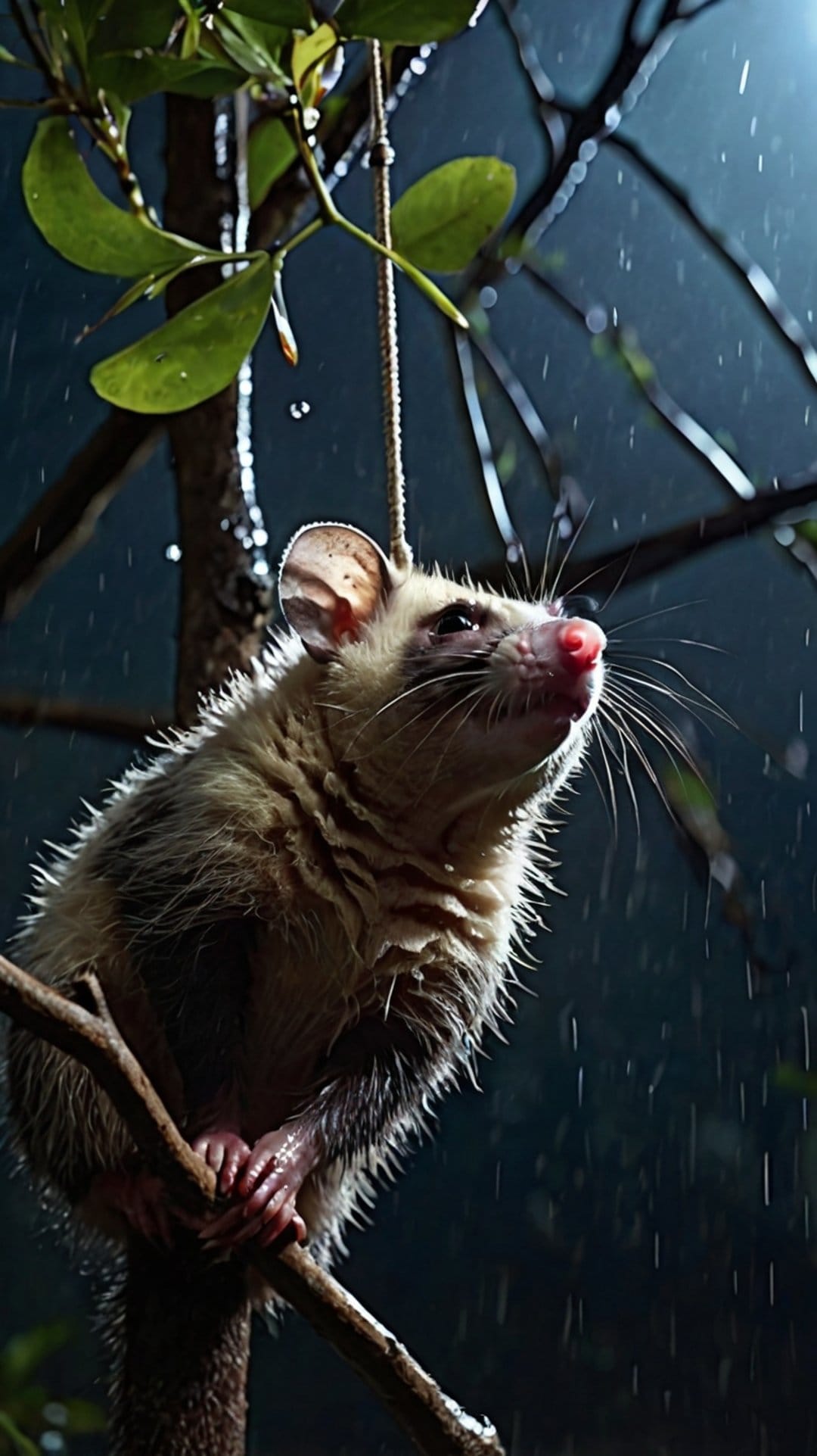 Opossum with wet fur clings to a branch at night while raindrops glisten under soft light in this nature close-up.