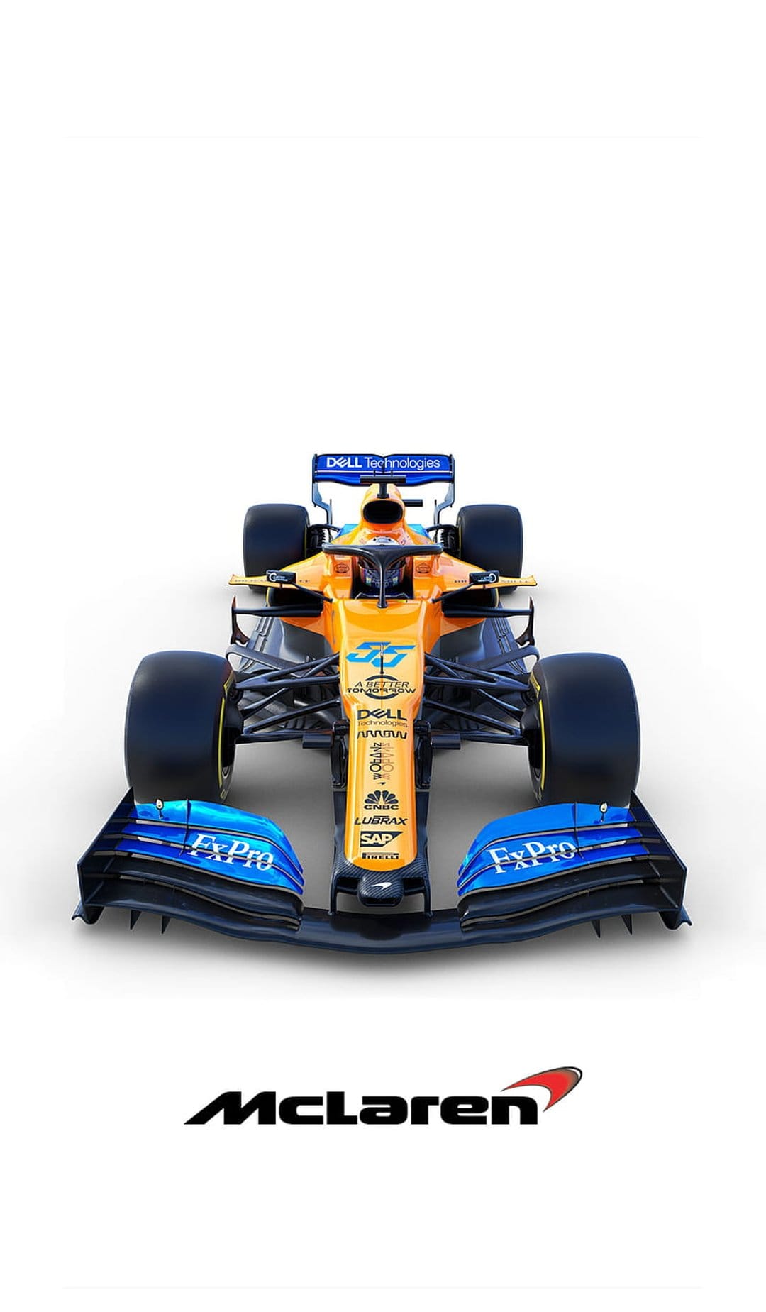 McLaren F1 race car in orange and blue livery viewed from the front showing aerodynamic wings and sponsor logos.