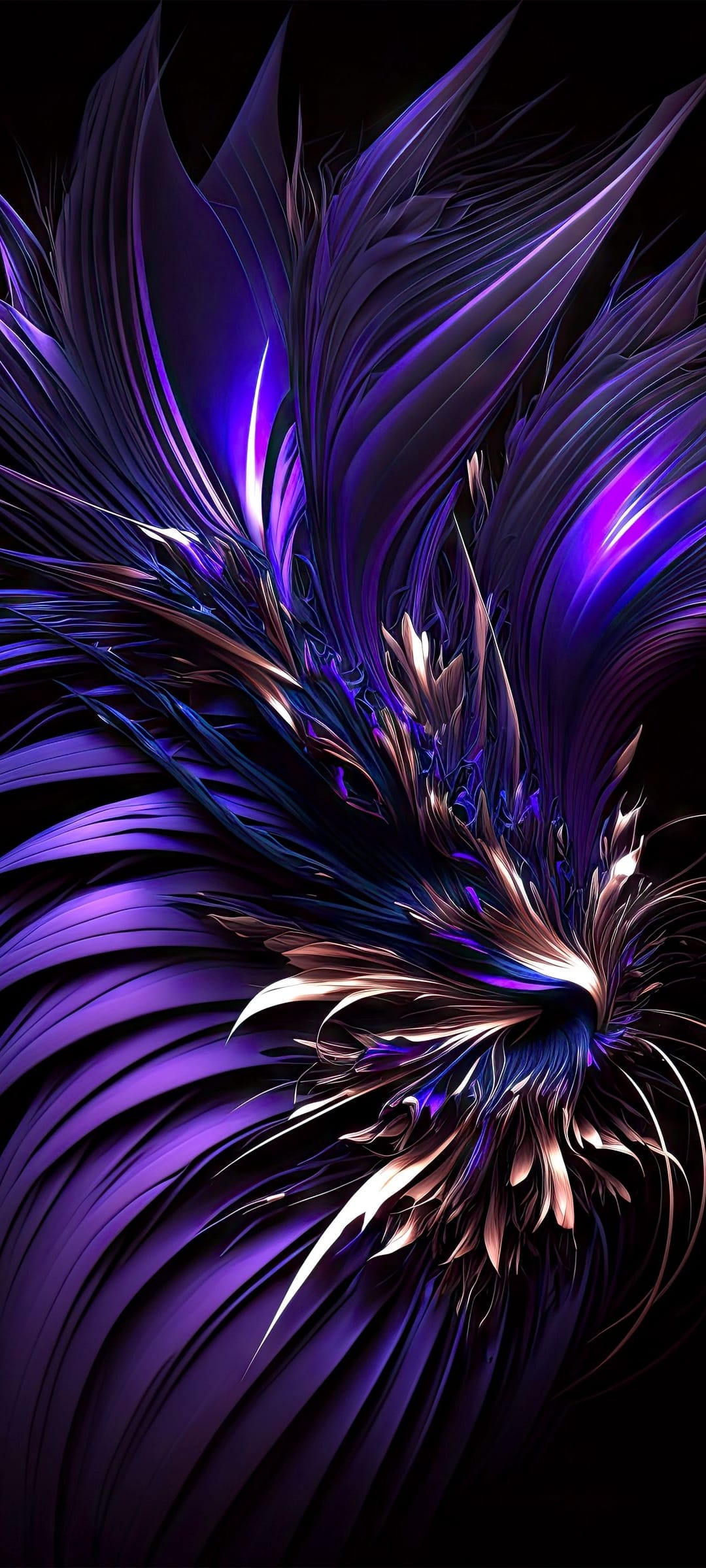 Purple and blue fractal flower with glowing feather petals and gold accents against a black background.