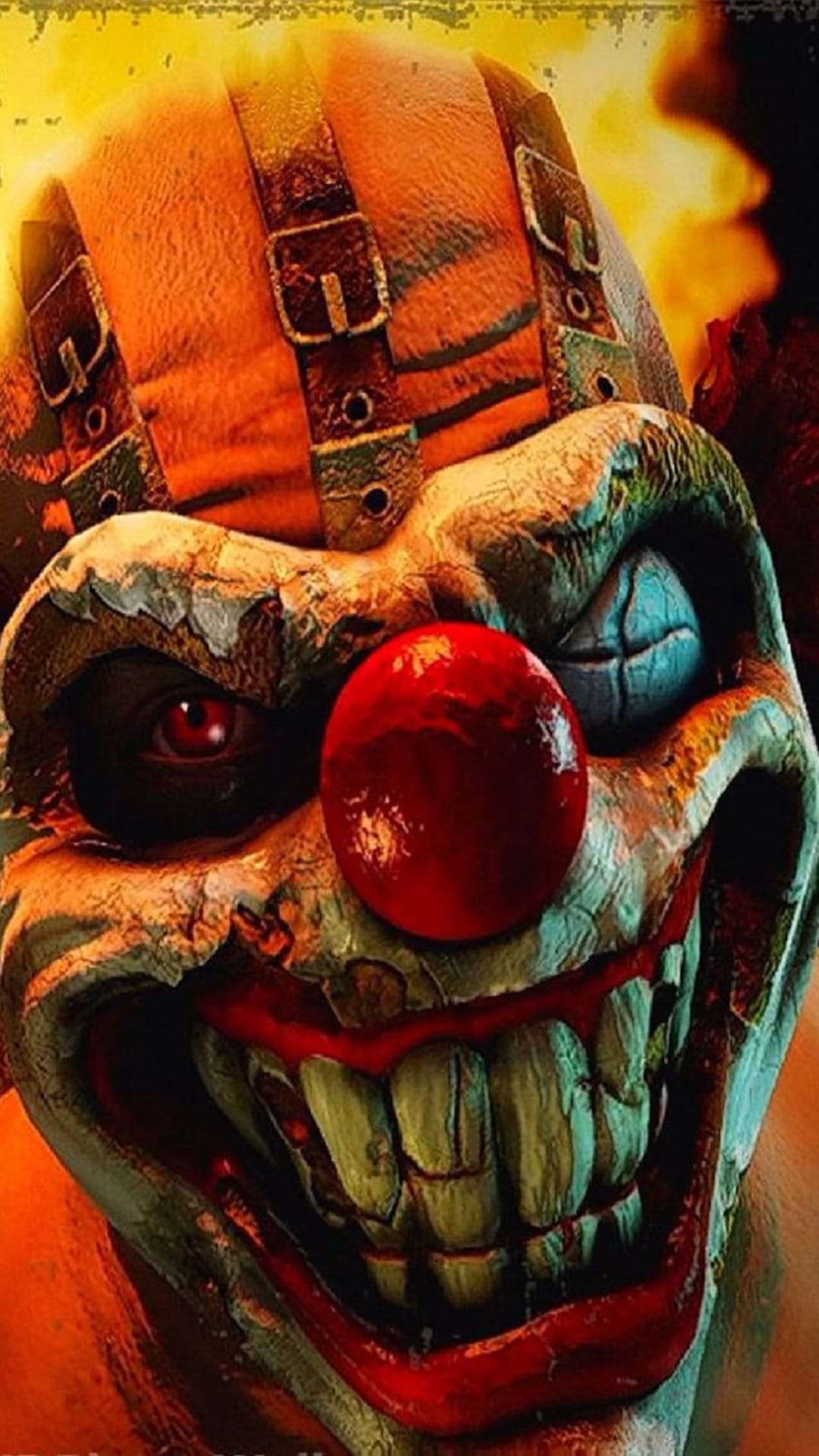 Malignant clown face with cracked white makeup, jagged yellow teeth, and a glowing red eye in dark amber lighting.