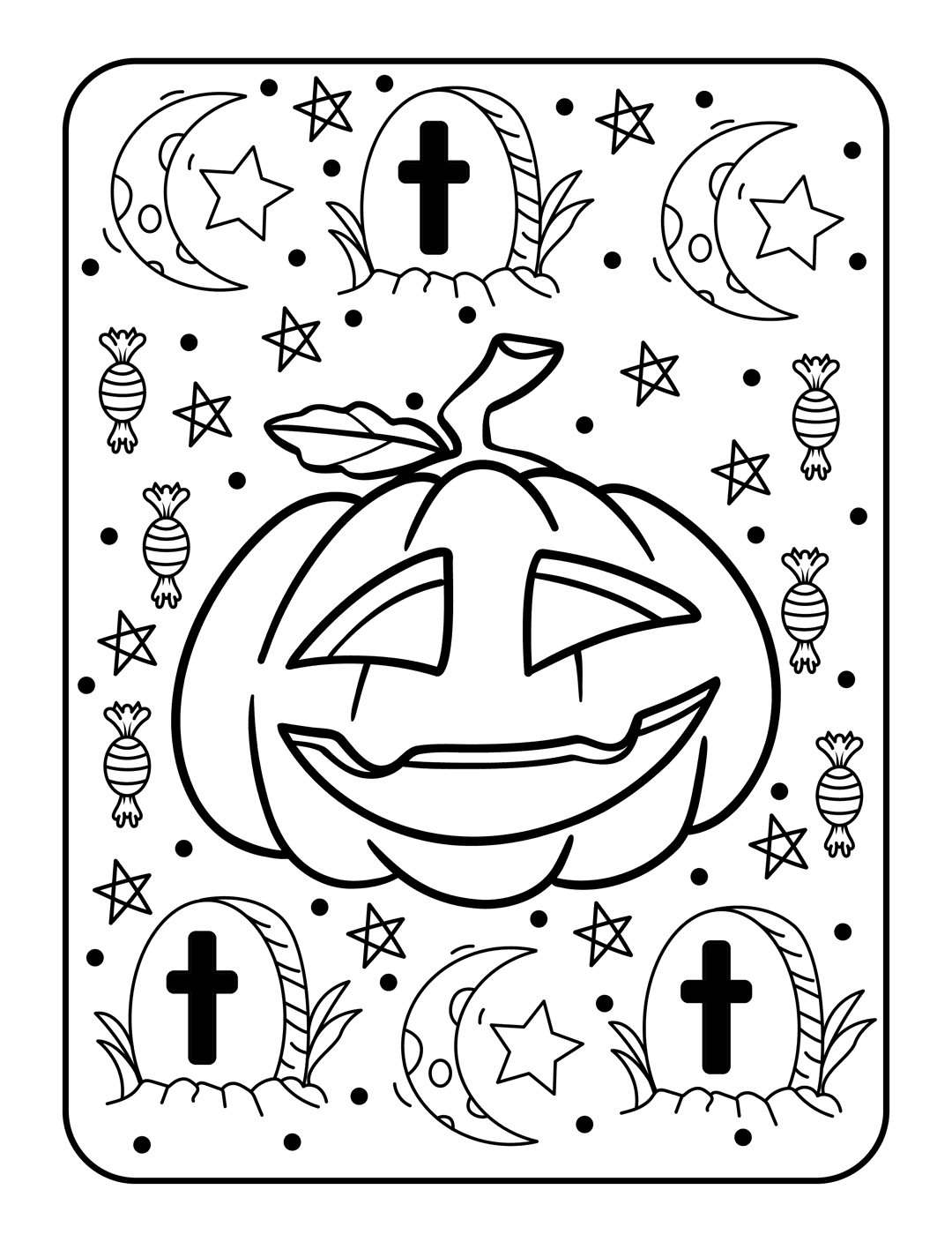 Halloween coloring page depicting a carved pumpkin resting near tombstones under a crescent moon and stars.
