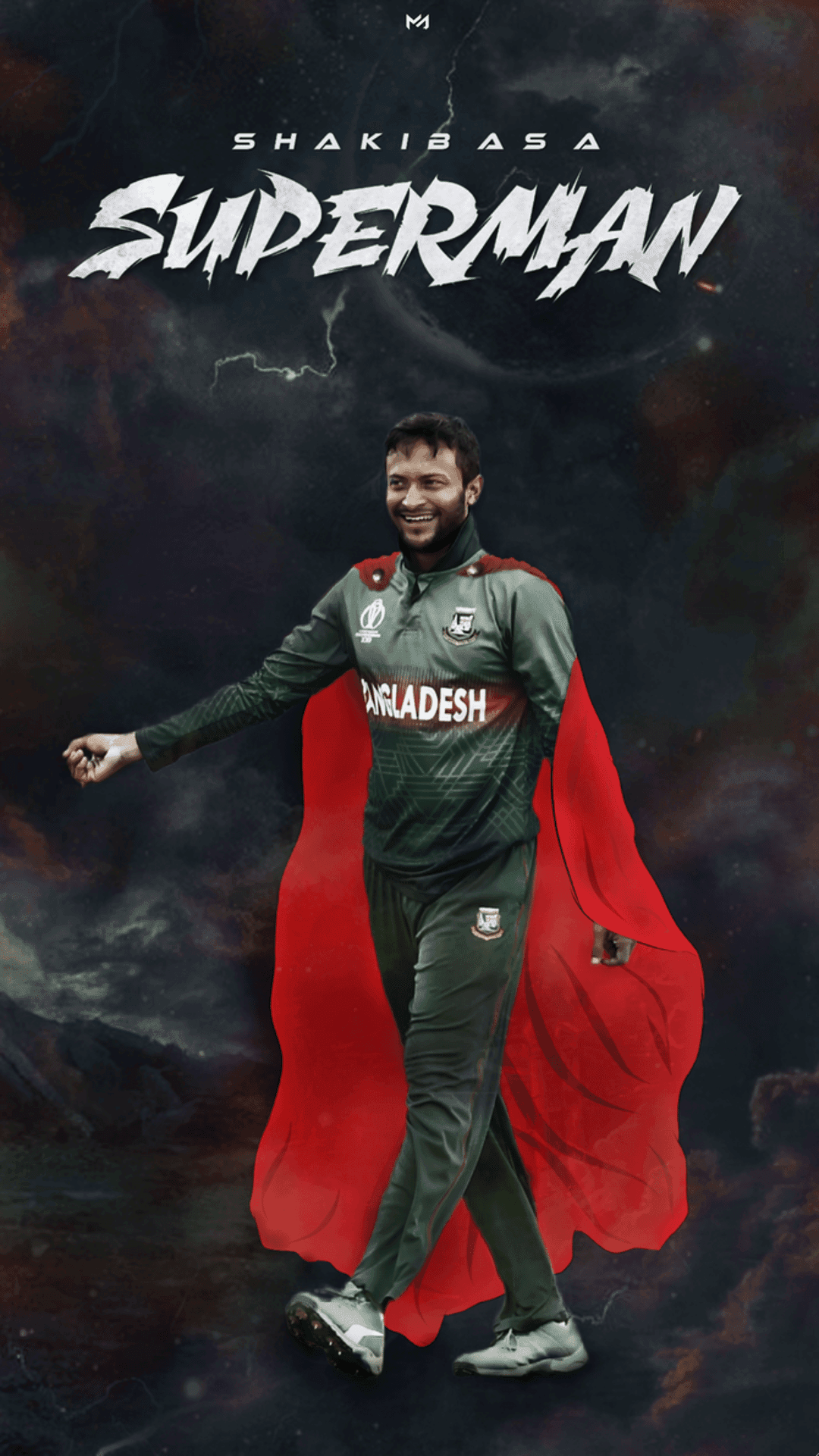 Shakib Al Hasan wearing a green cricket uniform and red cape walks through a dark, cloudy mountain landscape.
