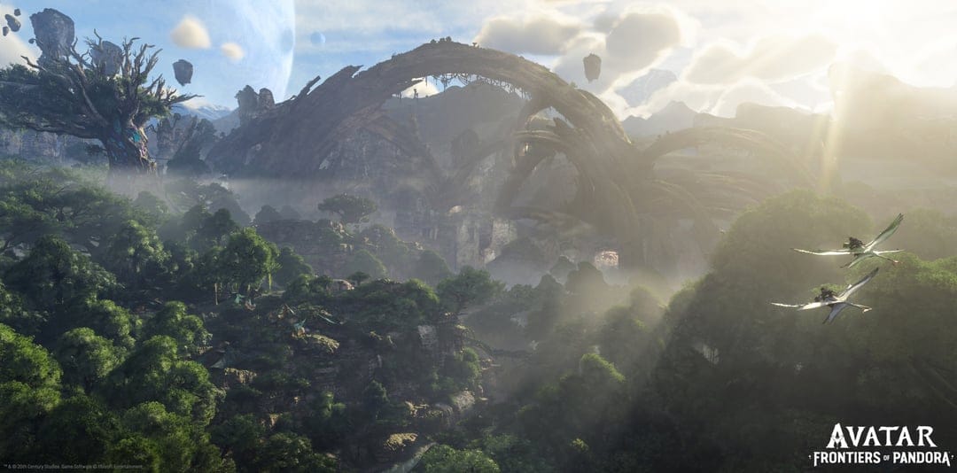 Lush alien jungle with giant stone arches, flying banshees, and large planets in a bright sunlit sky.