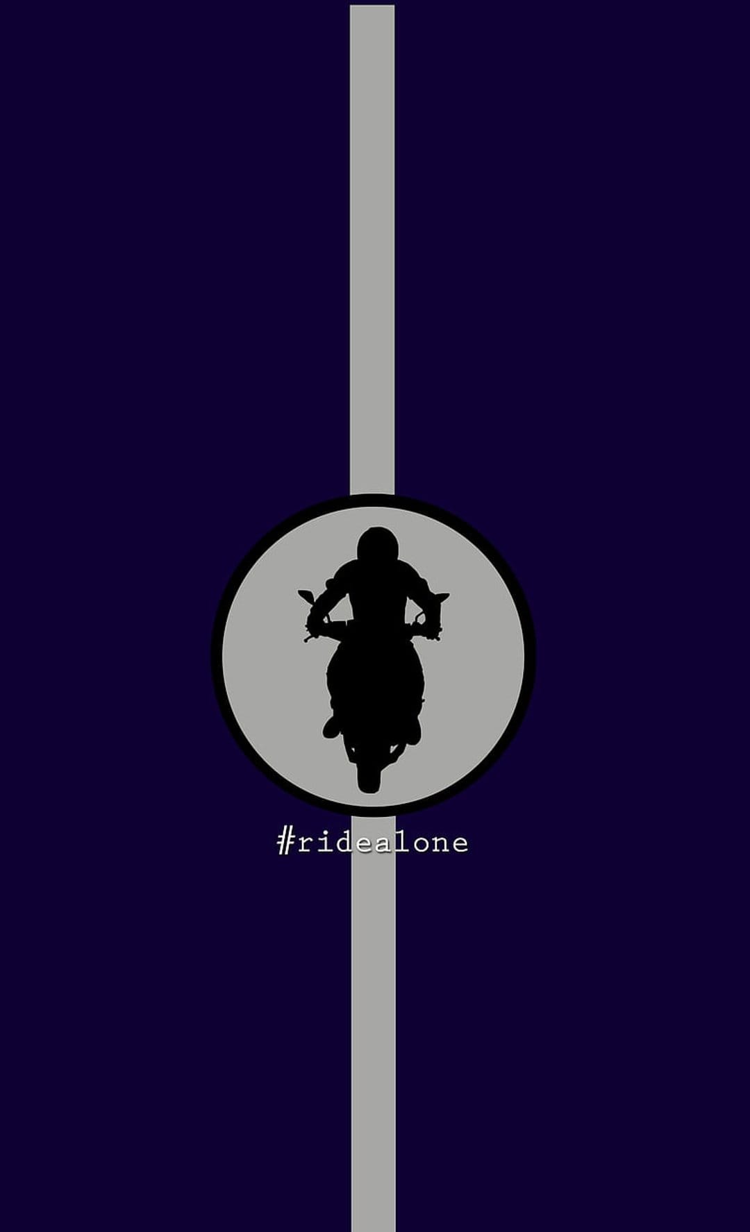 Motorcyclist silhouette in a grey circle over a vertical stripe on a dark blue background with hashtag text.