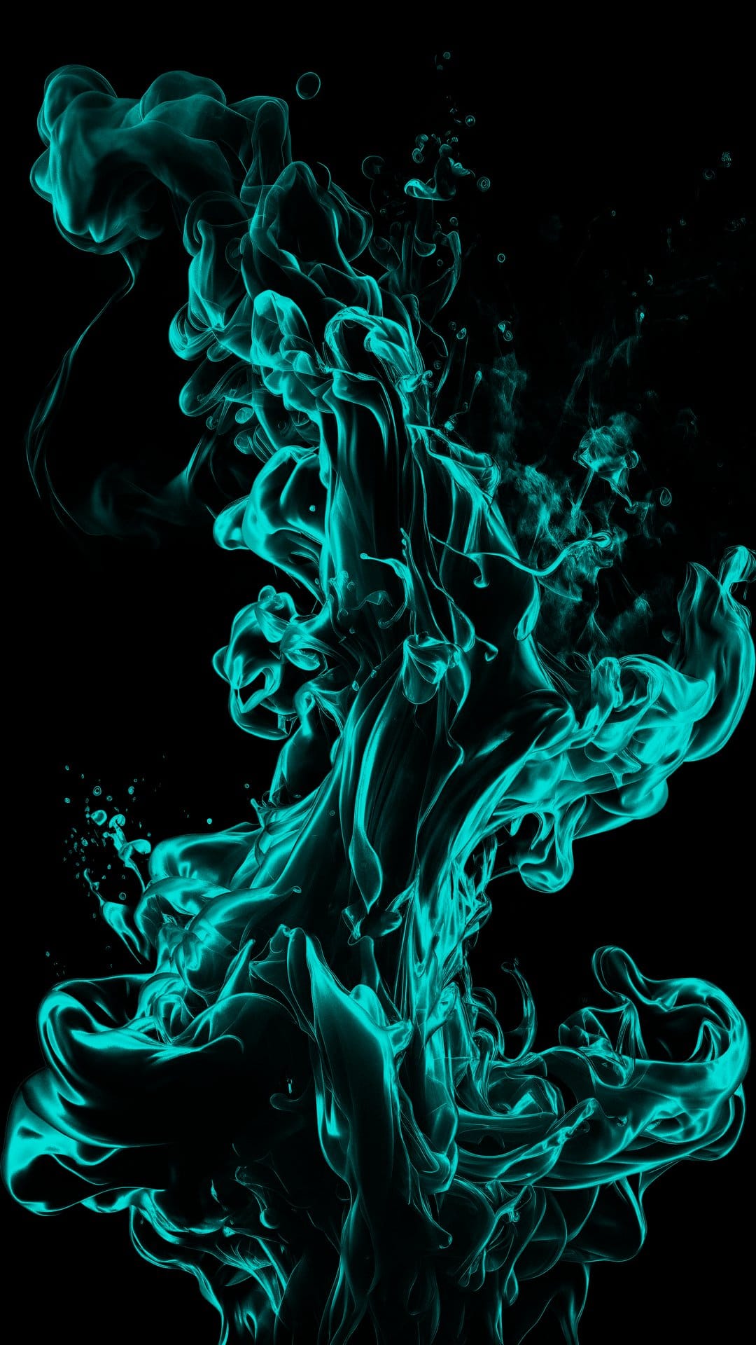 Turquoise smoke swirls and cyan ink billows with tiny particles against a solid deep black background.