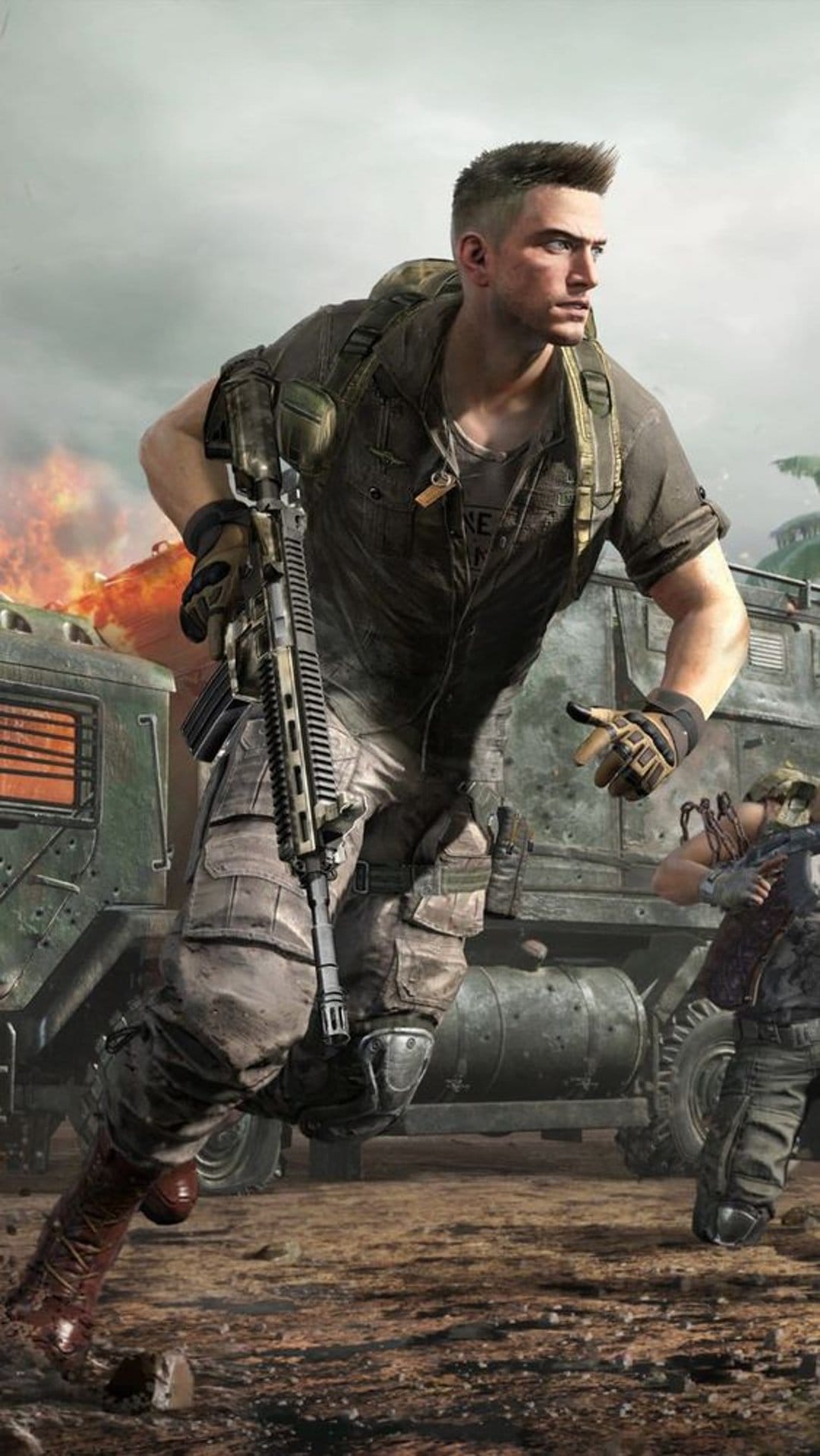 Tactical soldier sprinting with a rifle across a smoky battlefield with flames and a military vehicle behind.