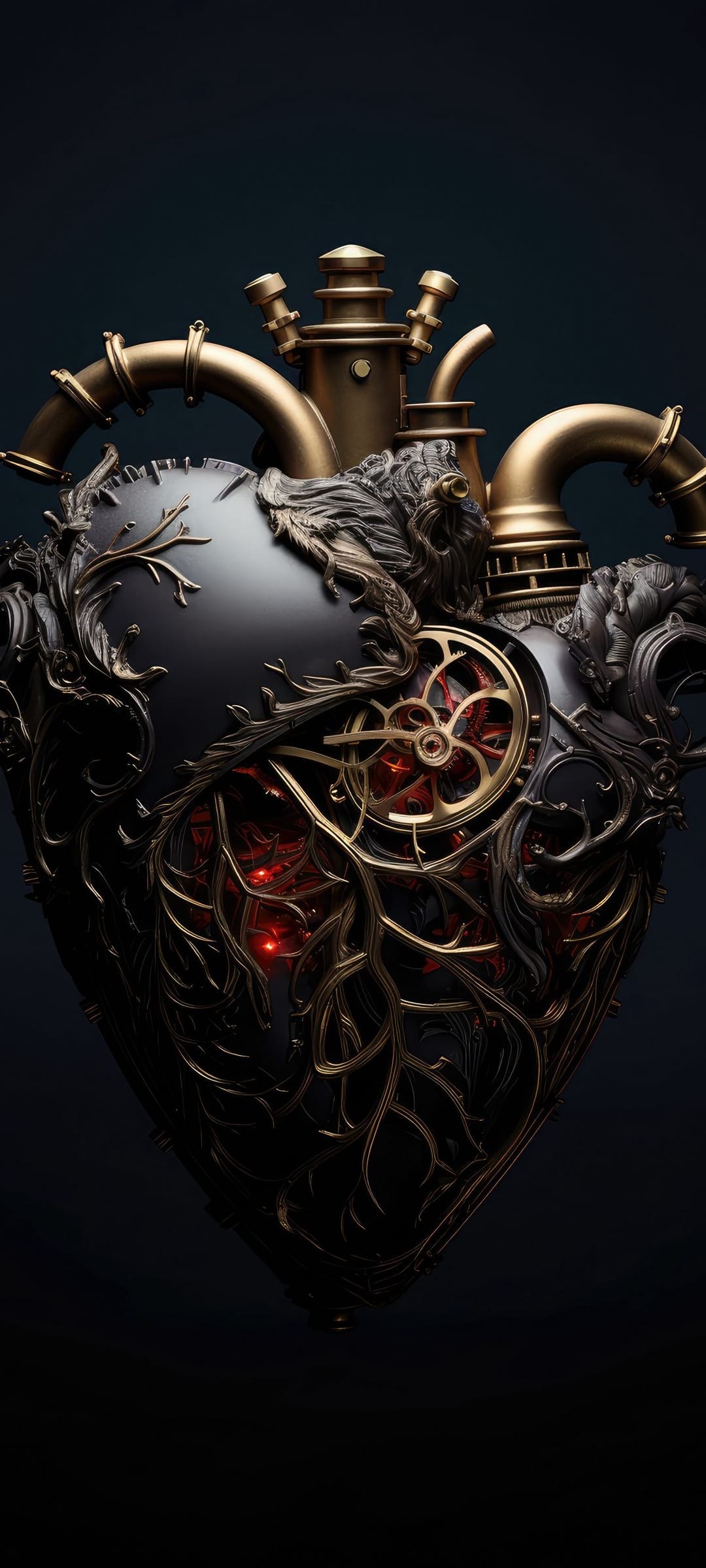 Steampunk heart made of brass gears and dark metal with a glowing red core and intertwined metallic vines.