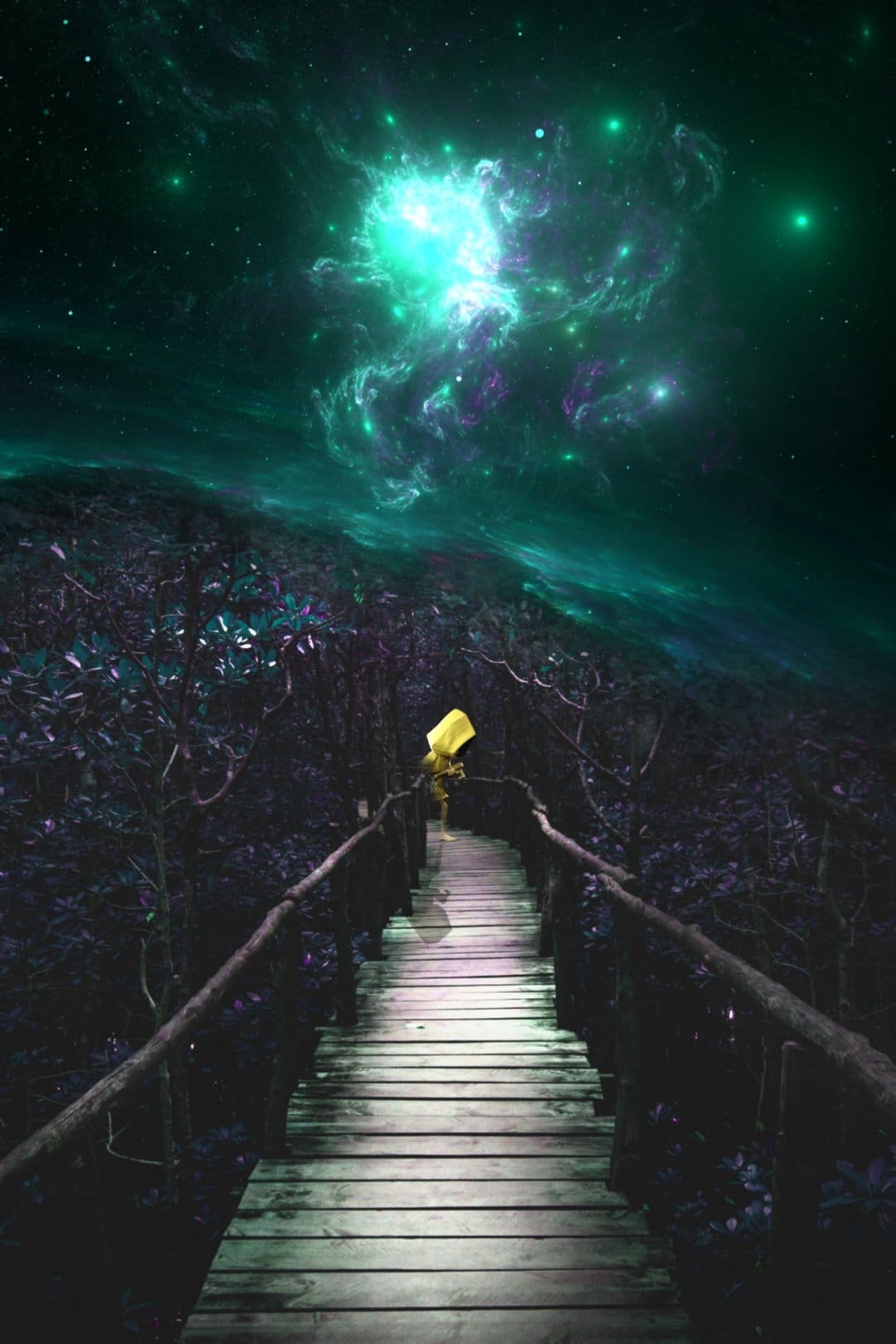 A person holding a yellow lantern walks a wooden path through a dark forest beneath a purple and green nebula.
