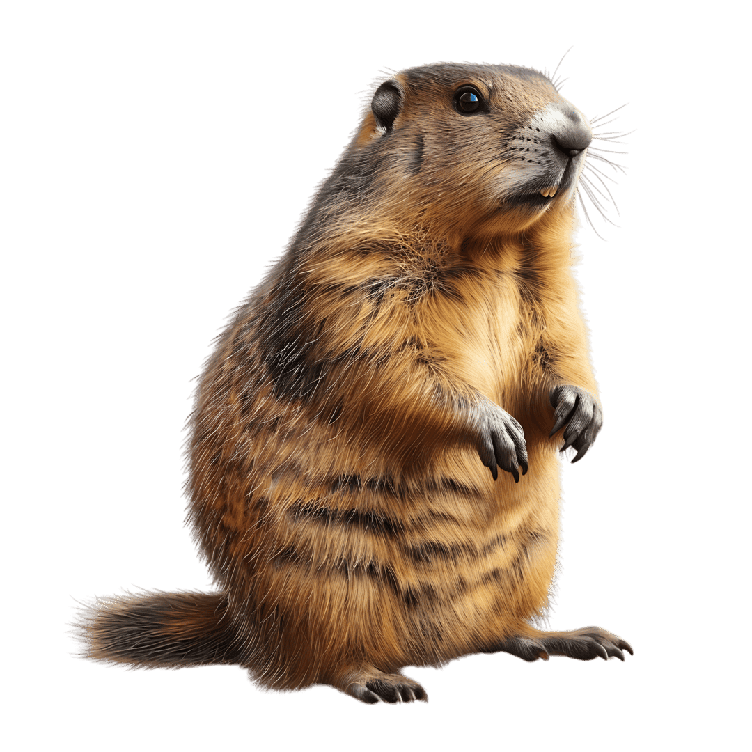 Marmot illustration featuring realistic brown fur, sharp claws, and whiskers while standing upright in profile.