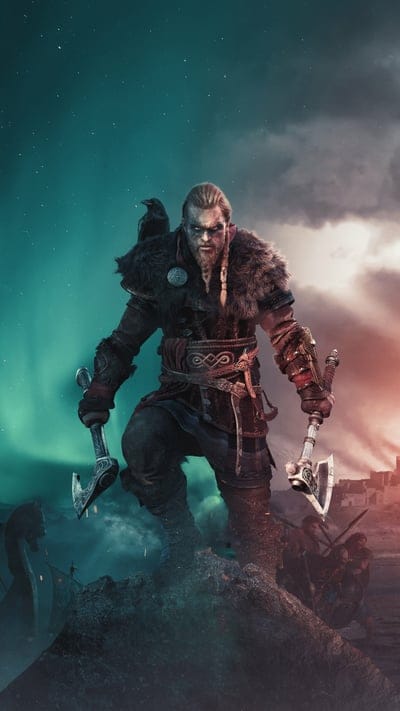 Viking, Assassin's Creed, Eivor, Valhalla, Norse mythology, axes, warrior, raven, aurora borealis, fierce, historical fiction, video game art, battle-ready, powerful, Nordic, fantasy, digital art, dramatic lighting, epic, mythology, ancient warrior