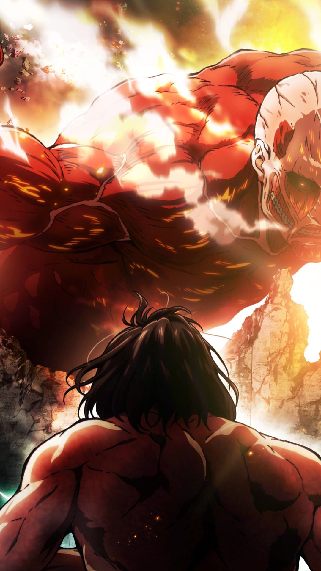 Eren Yeager's Titan stands before the skinless Colossal Titan during a fiery battle with smoke and embers.