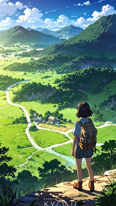 Mountains,Anime,Cool,Beautiful,Ai,Art,Artwork,Wallpaper,Girl,Forest,River,Clouds,Sky