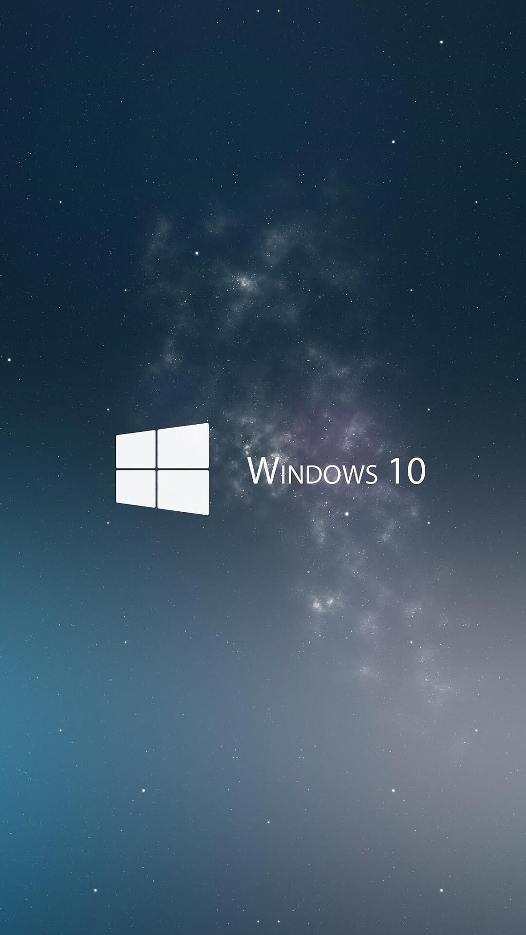 Windows 10 logo centered over a swirling blue and purple star-filled nebula with glowing light effects.