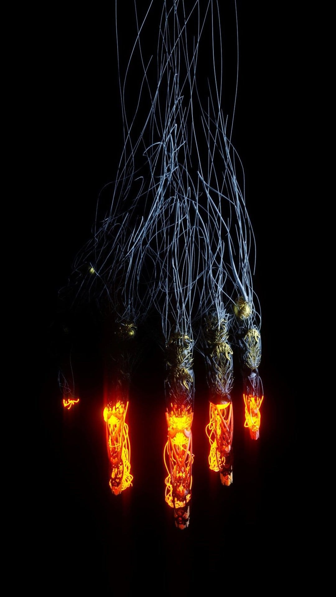 Cybernetic hand with glowing orange fingertips and black wired filaments set against a solid dark background.