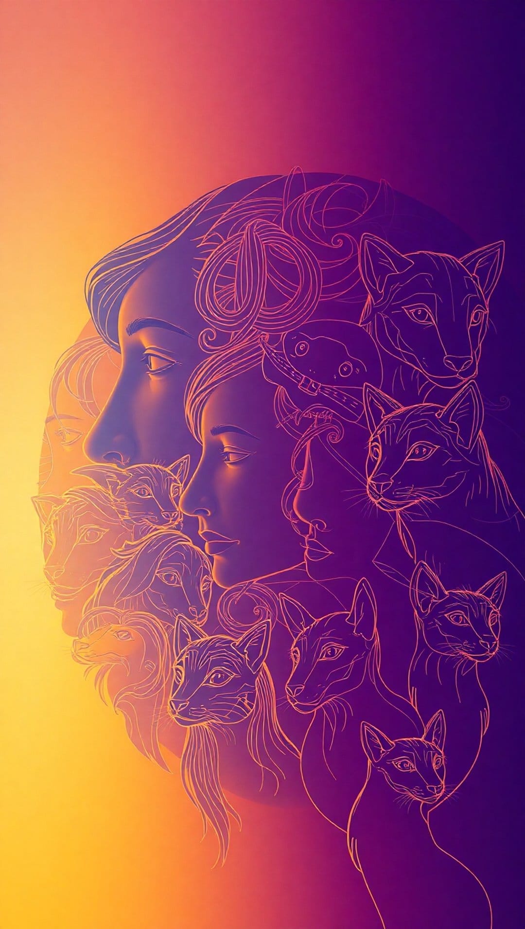 Female profile silhouettes and feline shapes glow with orange outlines against a purple and yellow background.