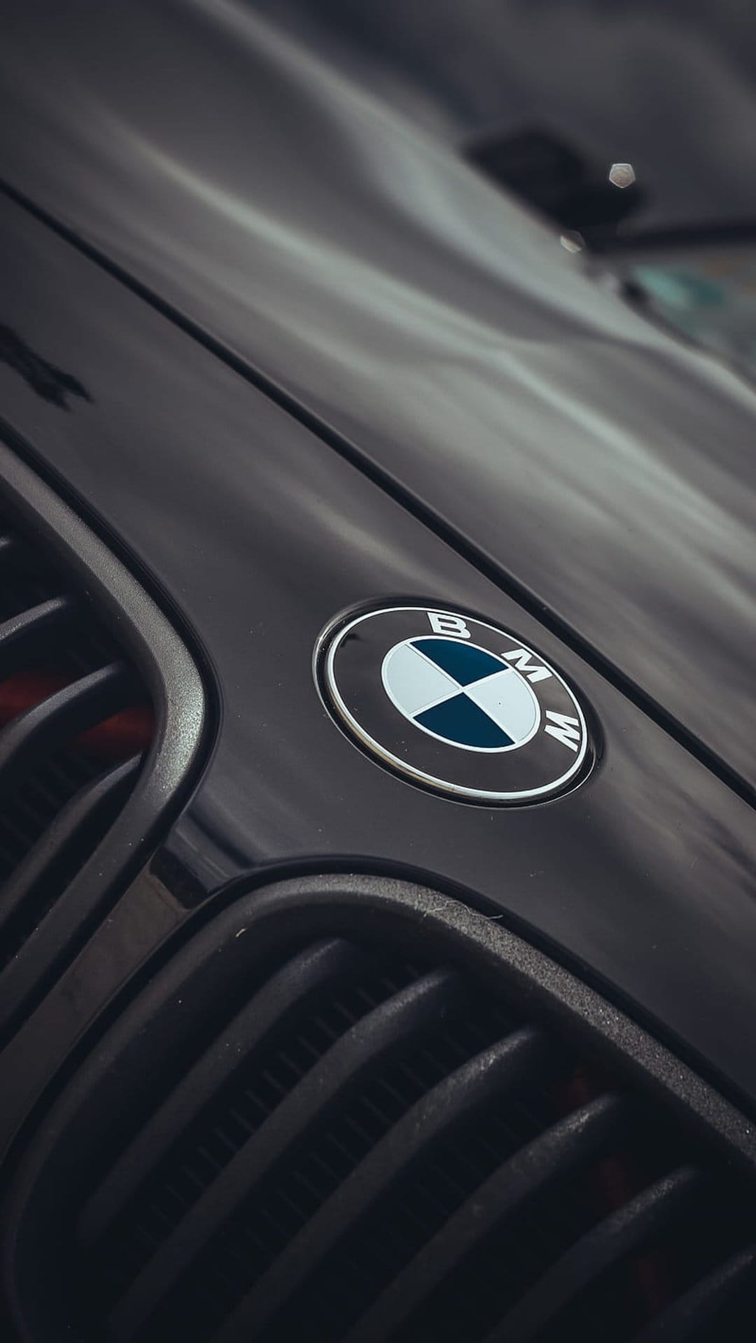 BMW emblem with blue and white quadrants sits on a black hood above a textured metallic mesh kidney grille.