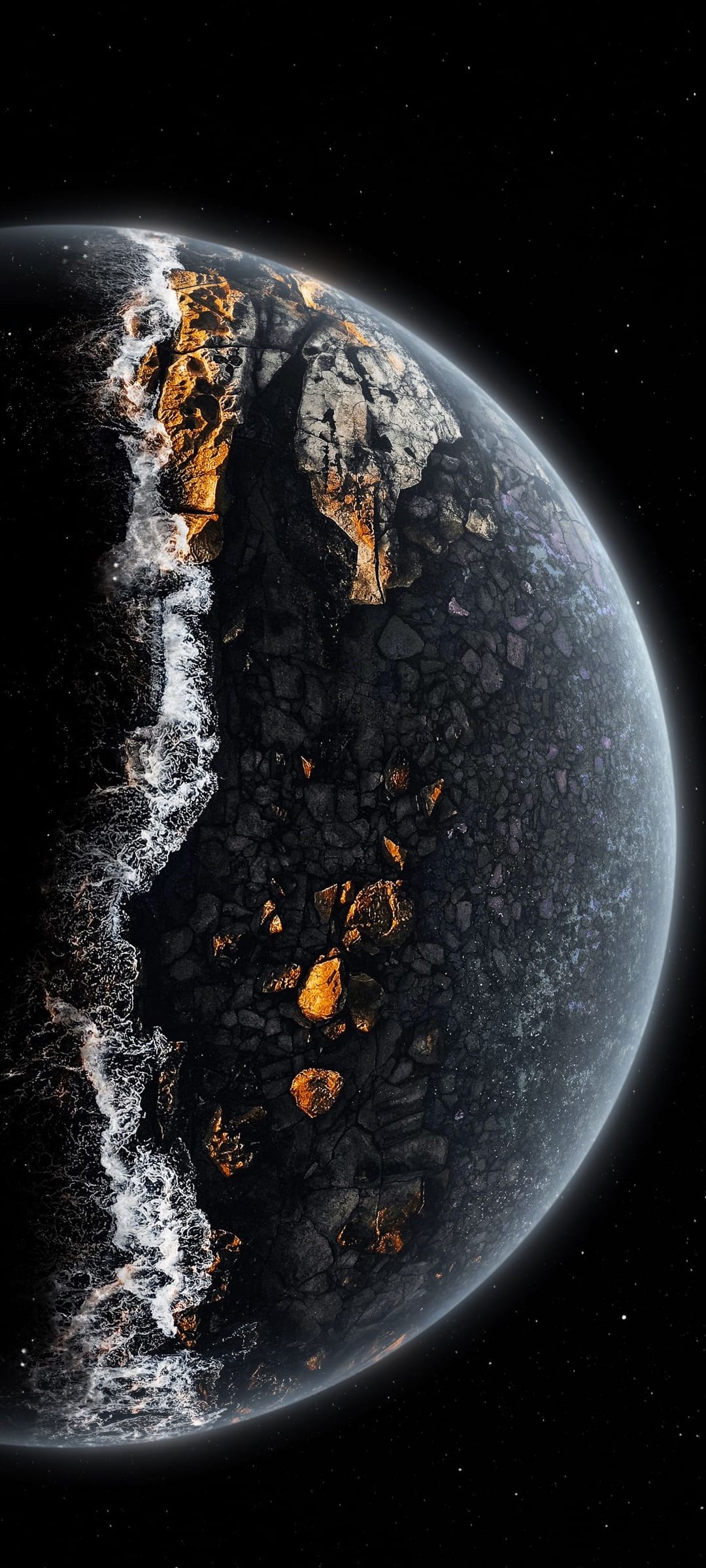 Luminescent orange rocks glow on a dark alien beach while white foamy waves crash under a starry night sky.
