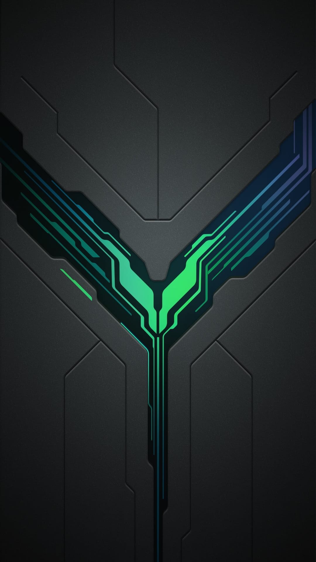 Luminous green and blue circuitry lines forming a Y-shape on a dark gray textured background for mobile.