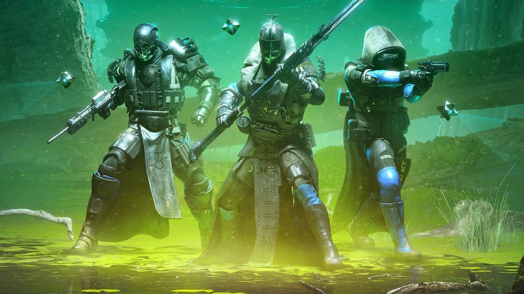 Three futuristic warriors stand in a glowing green misty swamp with floating drones and weapons drawn.