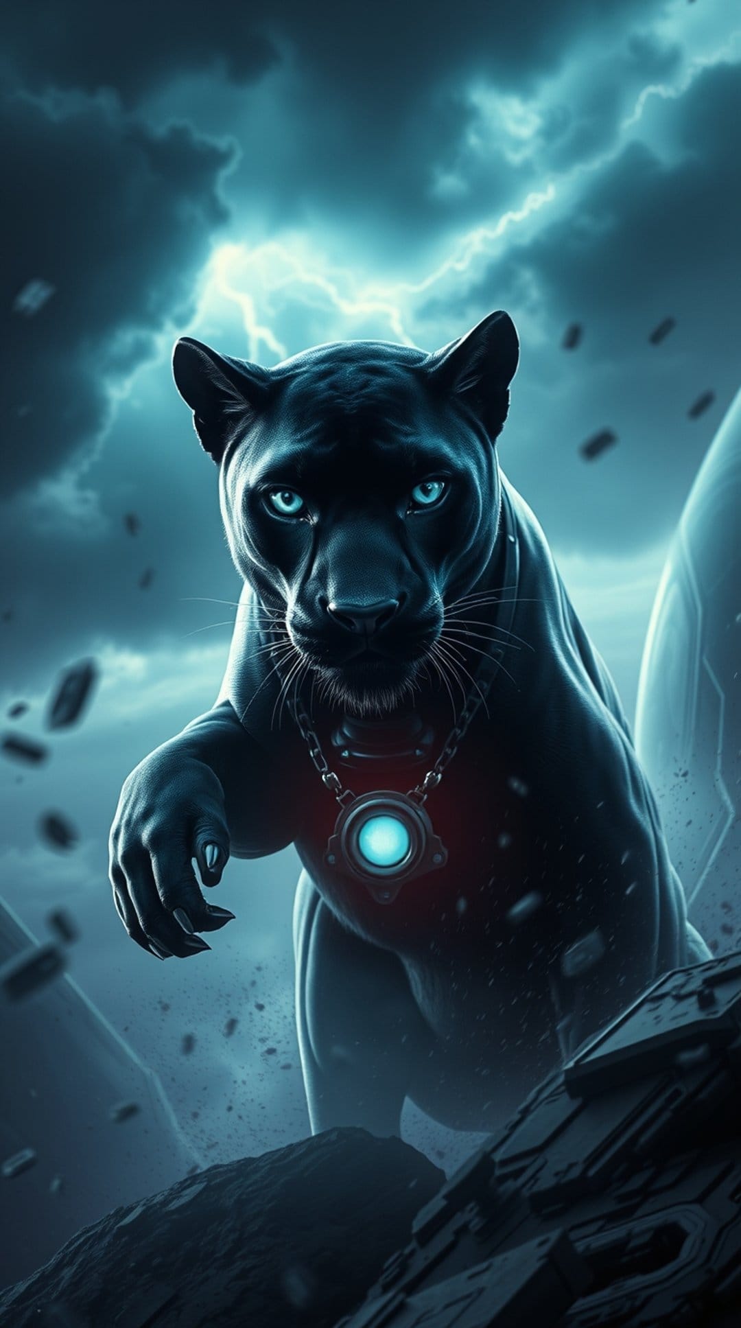 Black panther with glowing blue eyes and a pendant stands on rocks under a dark sky with lightning bolts.