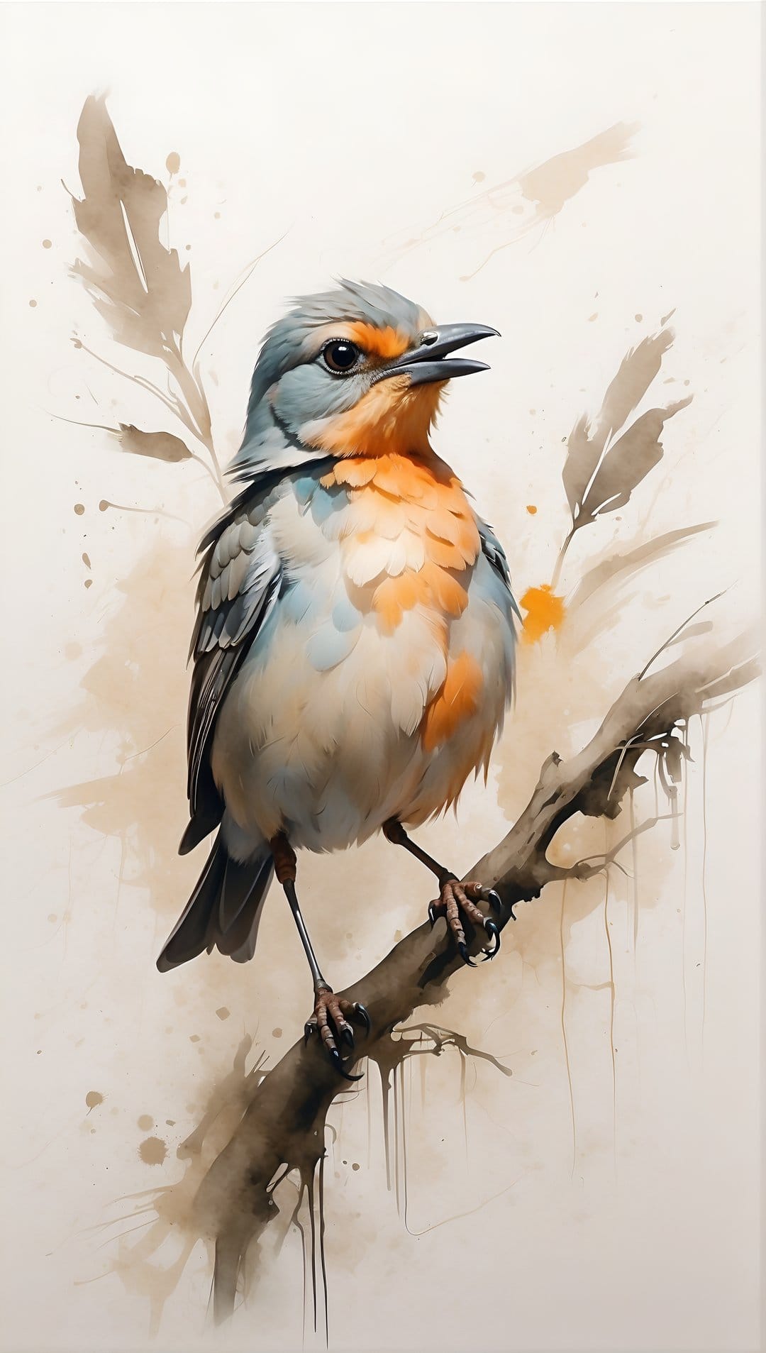 Robin with an orange chest perches on a weathered wood branch against a soft gray and blue splattered background.