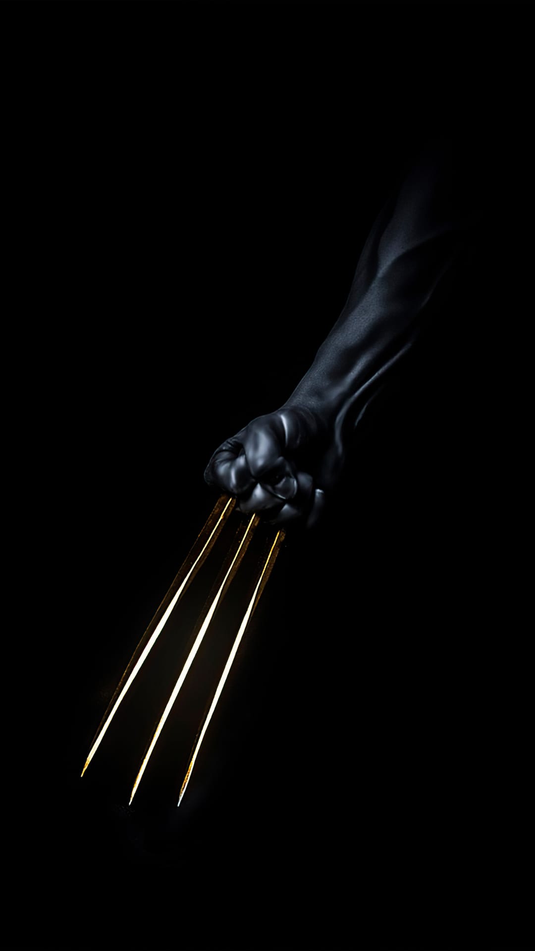 Wolverine's metallic adamantium blades emerge from a clenched fist against a deep black, minimalist background.