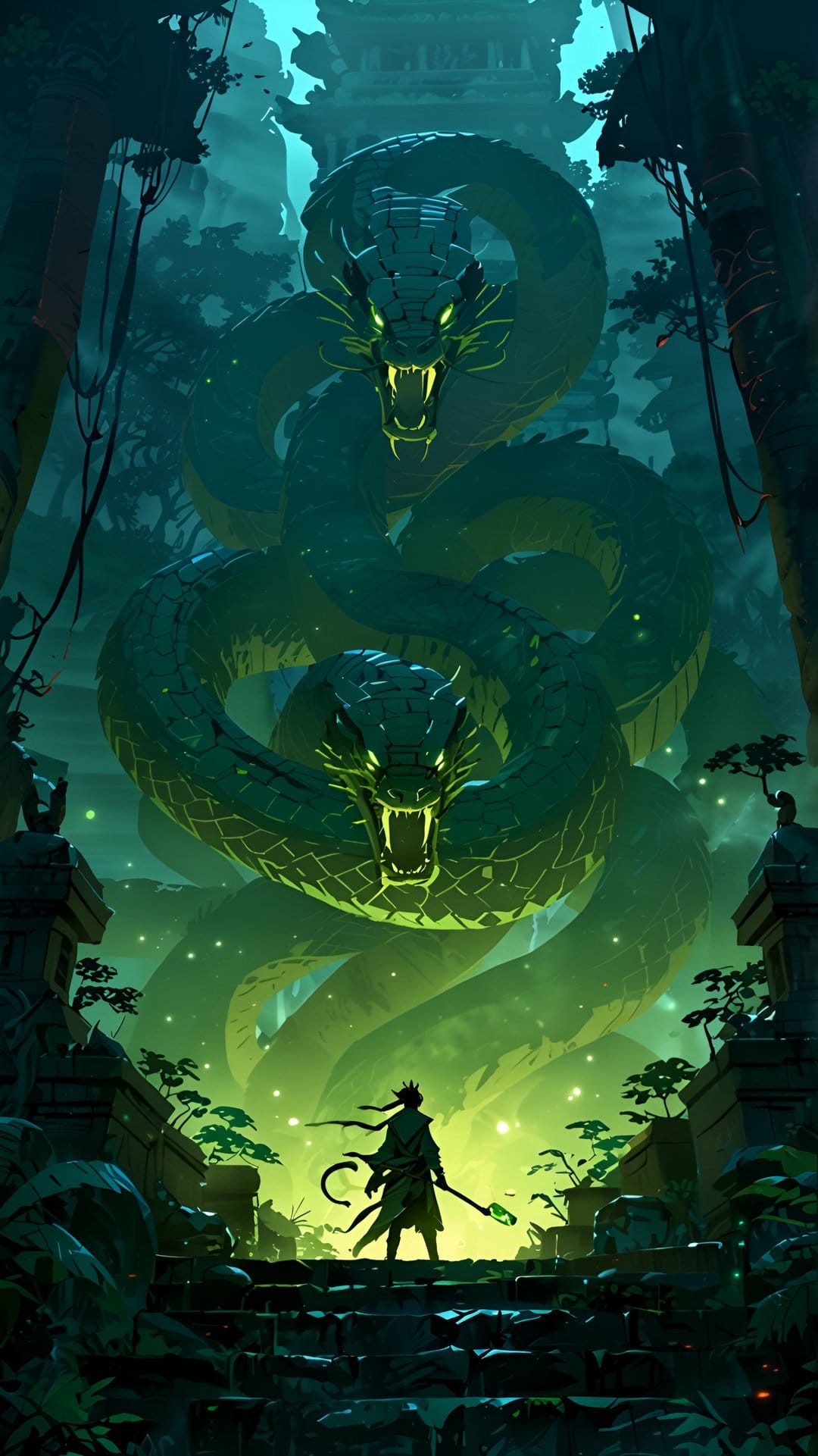 A warrior faces two giant green serpents with glowing eyes inside a vine-covered ancient jungle temple ruin.