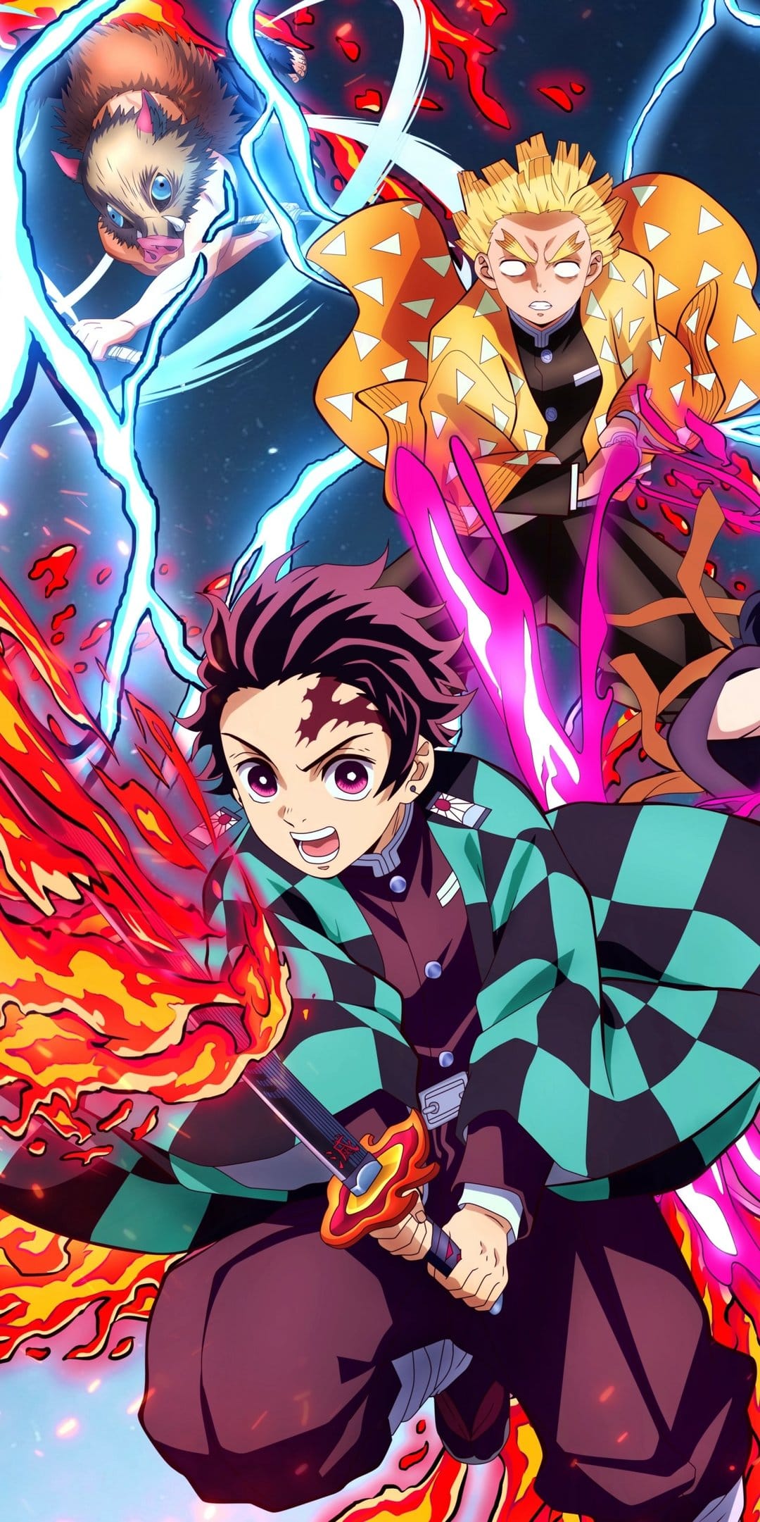 Tanjiro Kamado, Zenitsu Agatsuma, and Inosuke Hashibira wielding elemental swords in a vertical anime composition.