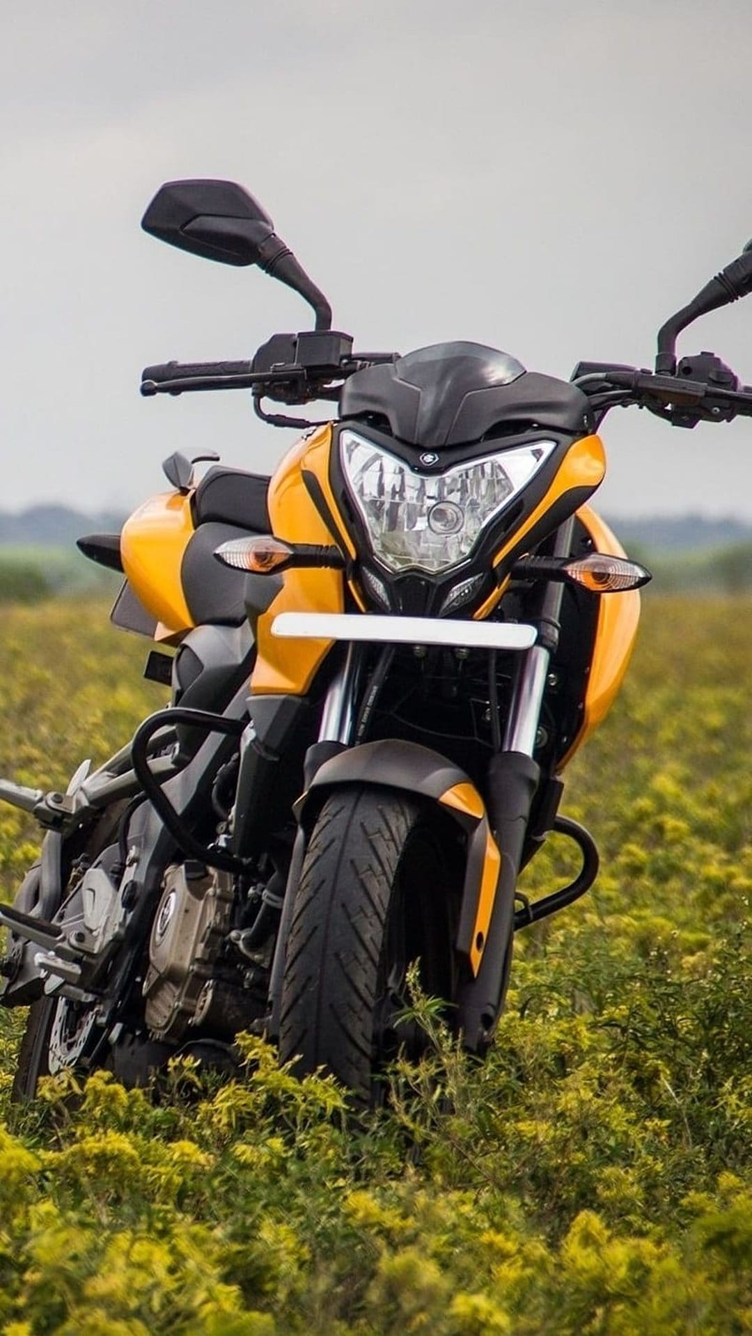 Yellow sportbike parked in a dense field of yellow wildflowers under a soft, overcast sky in a vertical view.