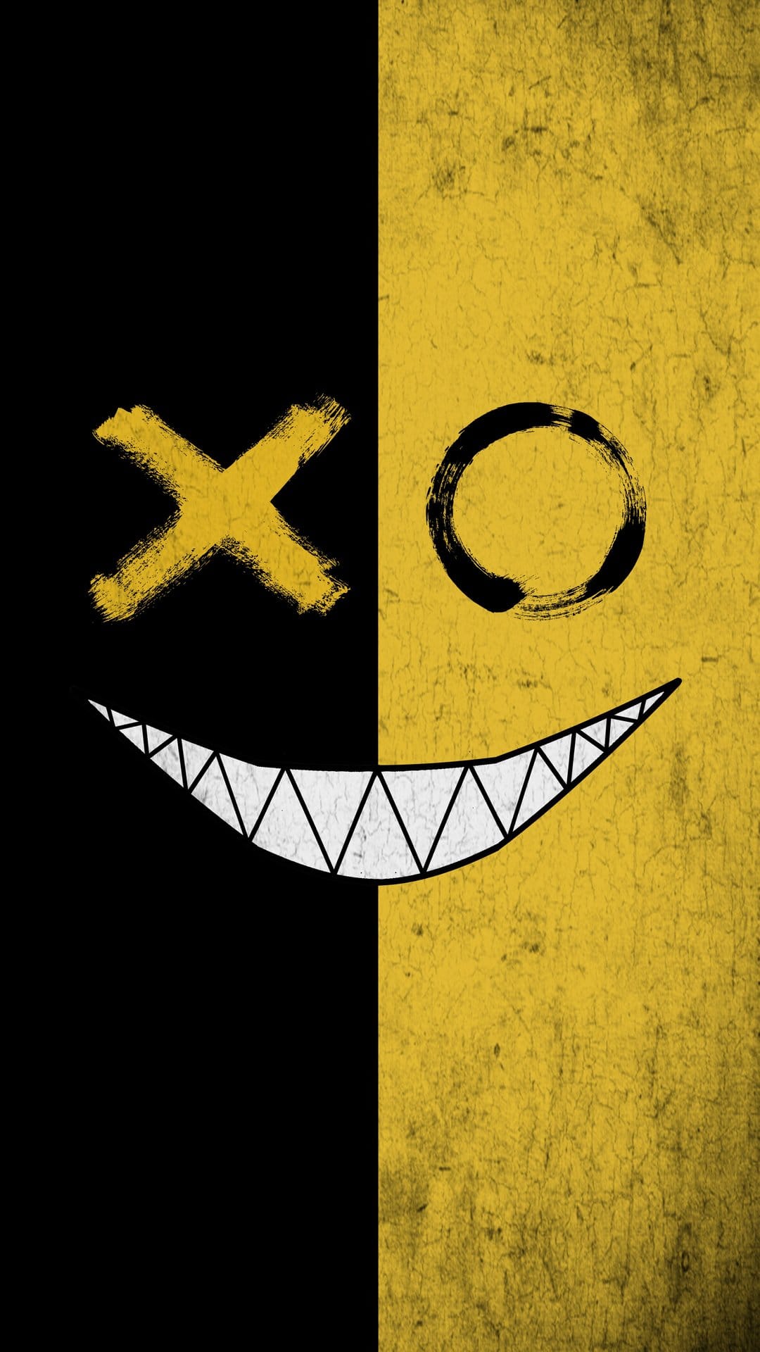 Split face mask with a yellow X eye and jagged white smile against a gritty, distressed black and yellow backdrop.