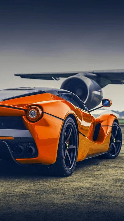 Ferrari, airplane, car, fast, italy, orange, rear, super, mobile wallpaper, android wallpaper, iPhone wallpaper, phone wallpaper