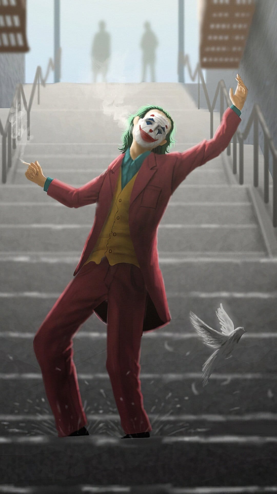 Joker in a red suit dances on gray stairs next to a white bird while two silhouettes watch from above.