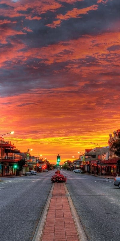 Broken Hill, New South Wales, Australia, sunset, urban, dramatic, vibrant, beautiful, town, road, sky, clouds, orange, red, street, lights, scenic, peaceful, picturesque, after rain, Australian, outback, travel