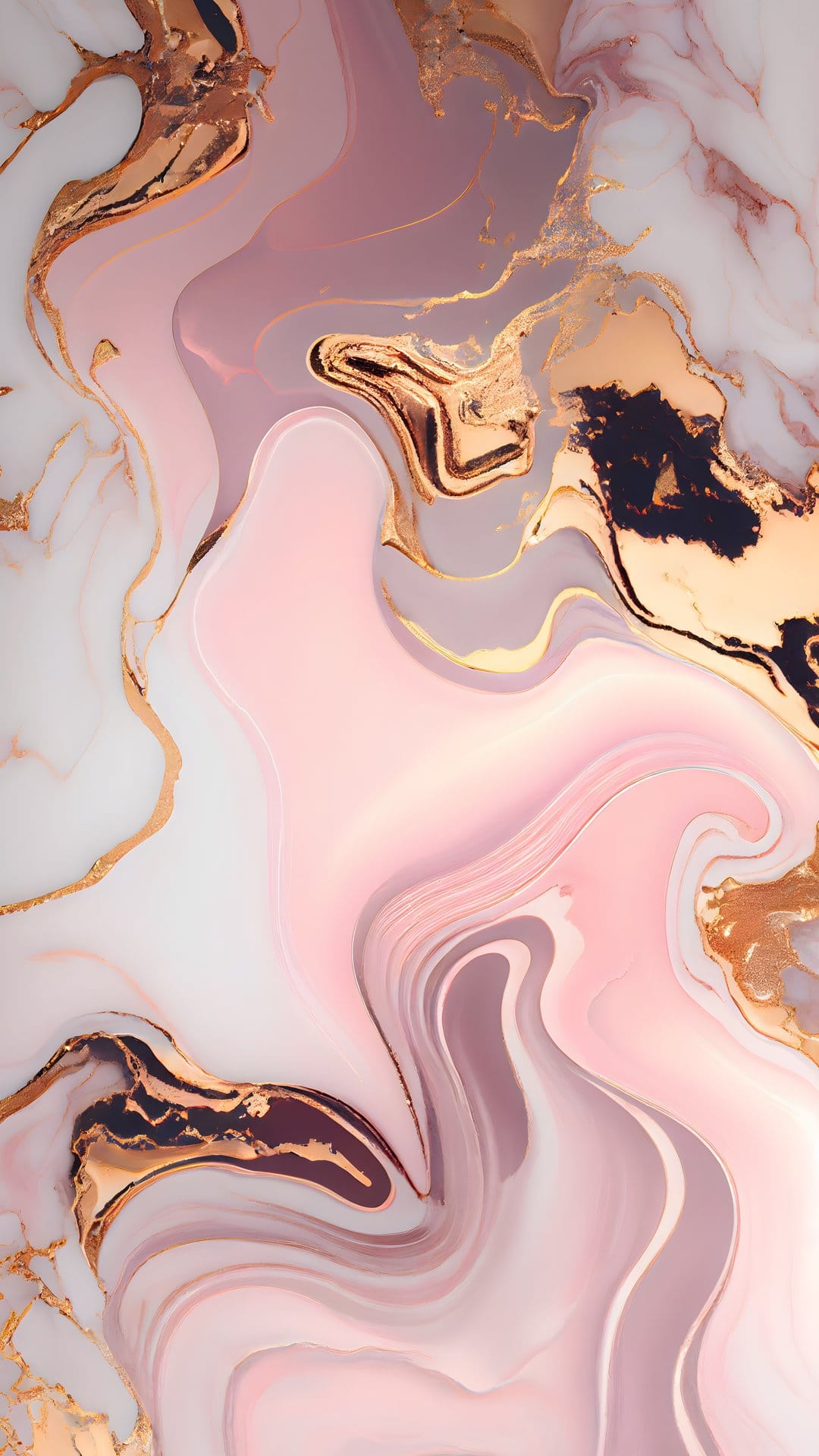 Pink marble textures with flowing gold metallic veins and organic swirling patterns in a vertical composition.