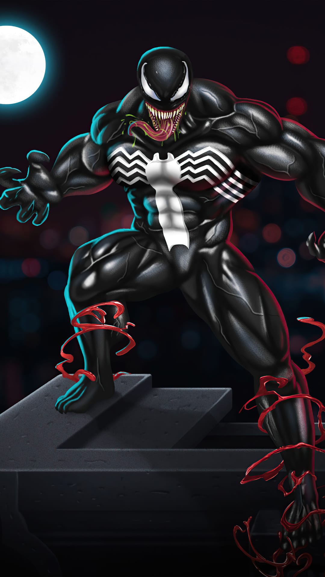 Venom stands on a rooftop with muscular black armor, red fluid tendrils, and a city skyline under moonlight.