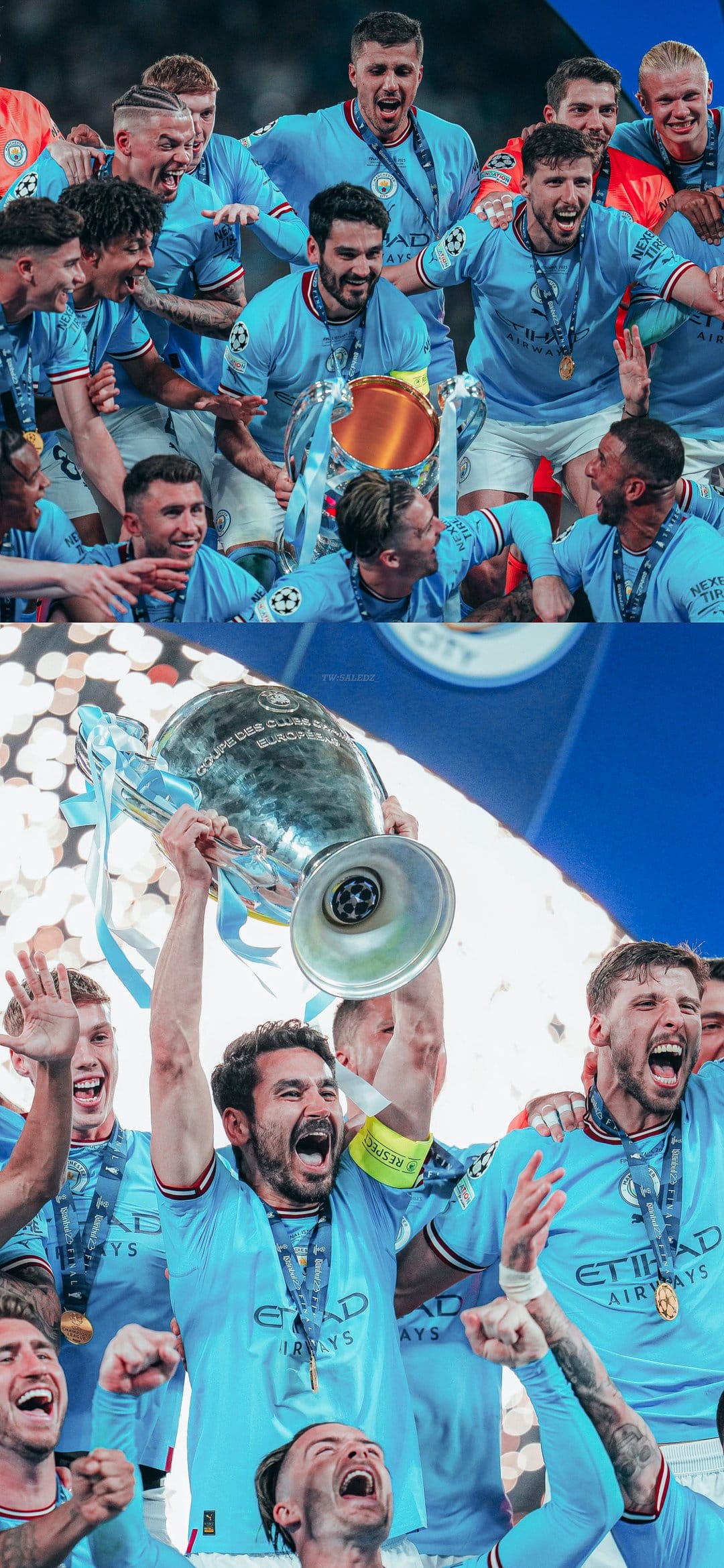 Man City players in sky-blue kits hoist the silver cup as golden confetti rains down during a night match.