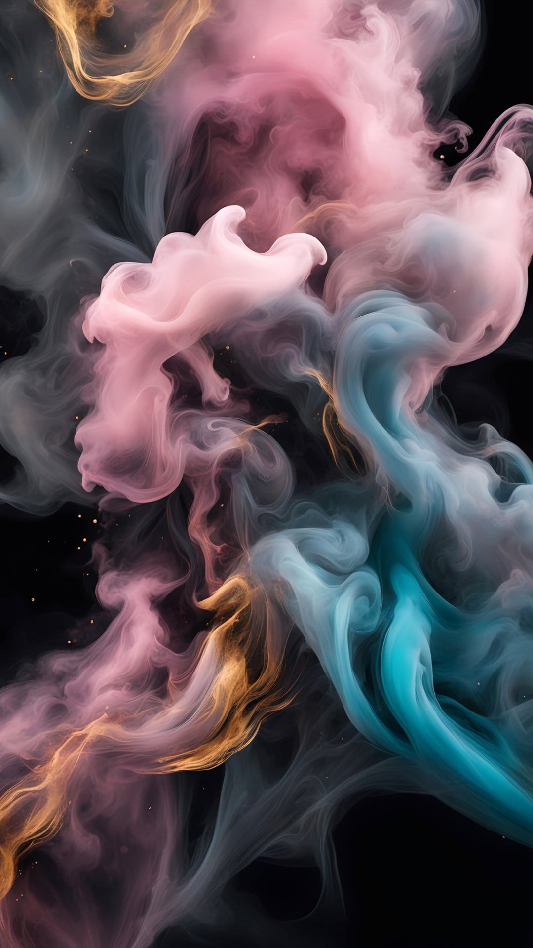 Pink and turquoise smoke clouds with metallic gold veins drift across a dark, solid vertical background.