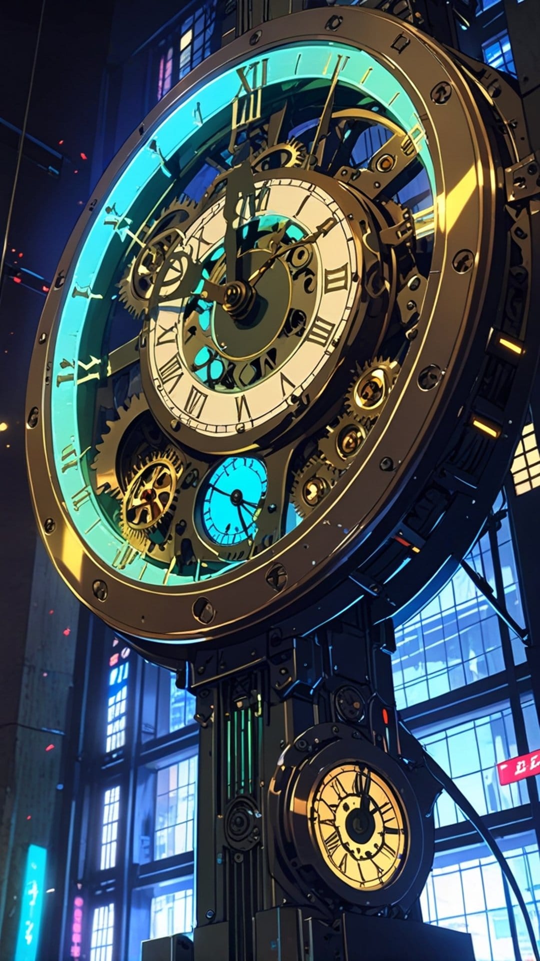 Steampunk clock with glowing gears and Roman numerals stands before a blurred, neon-lit cyberpunk city at night.