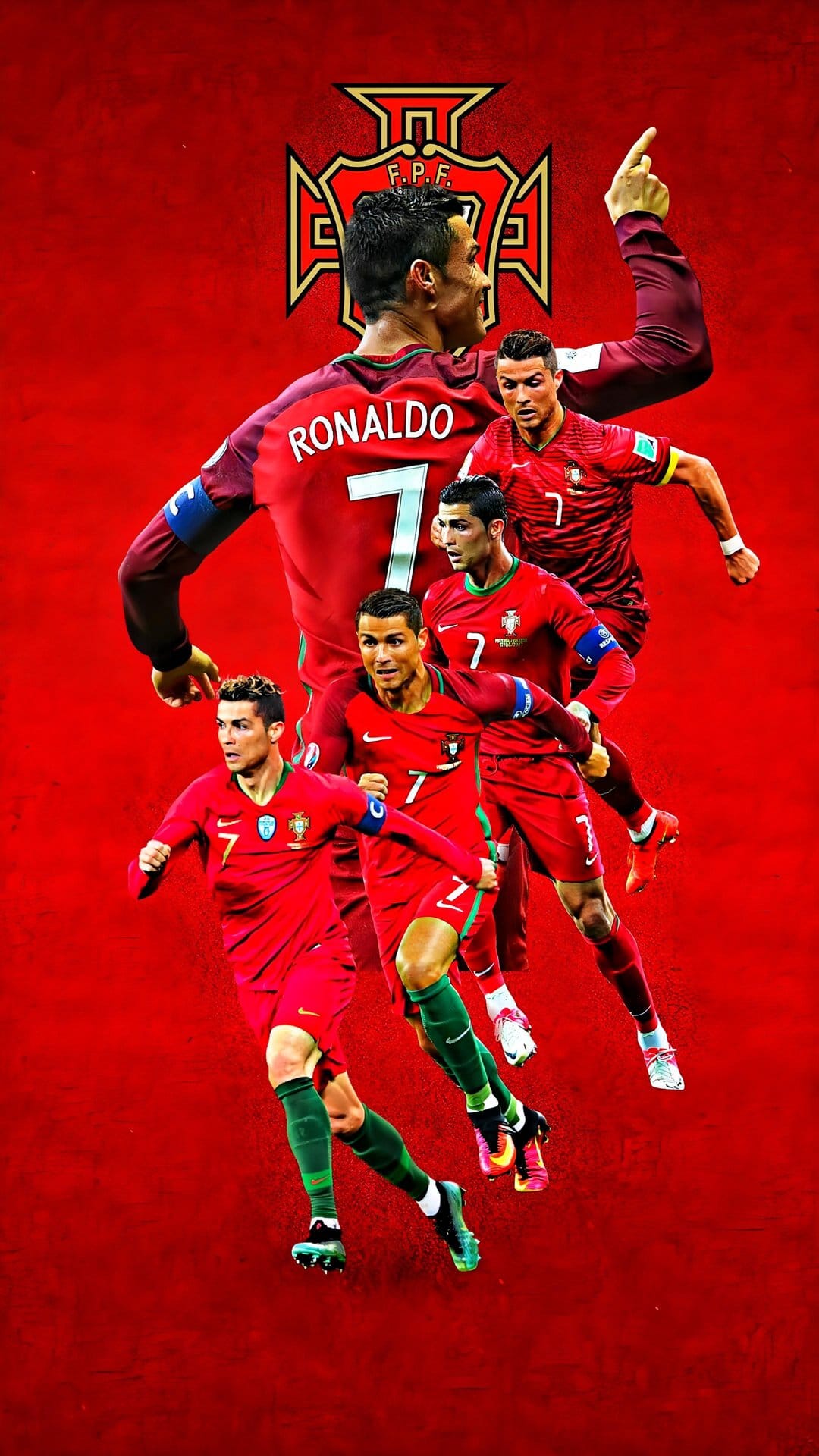 Cristiano Ronaldo wearing the Portugal jersey in a montage style against a textured red background with the team crest.