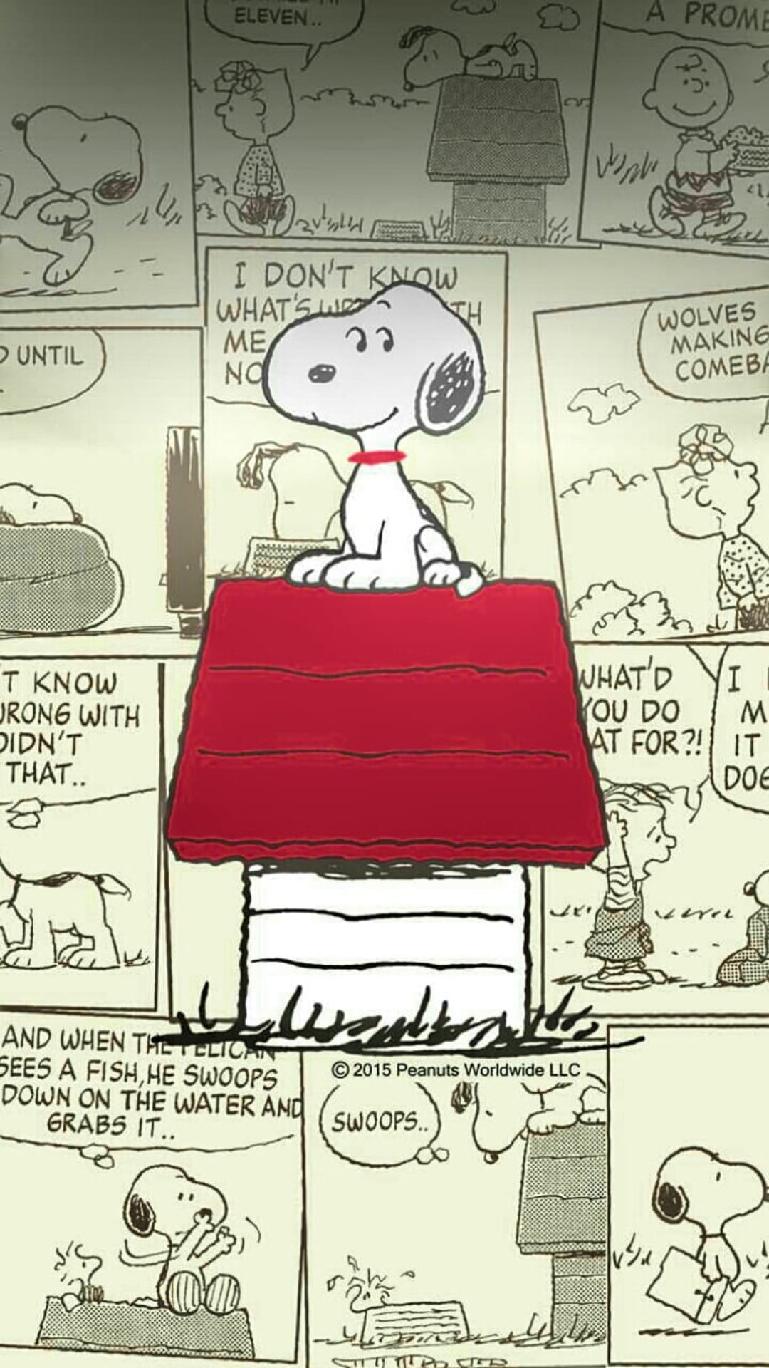 Snoopy sits on a red doghouse surrounded by a collage of Peanuts comic strips with Charlie Brown and Woodstock.