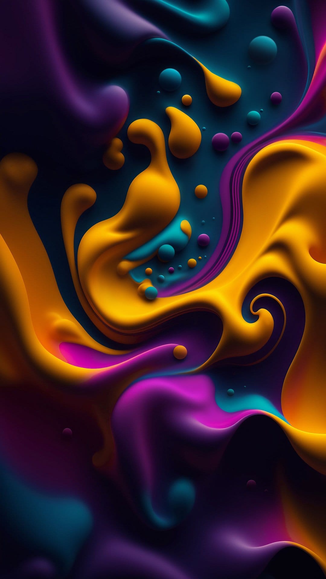 Luminous purple and yellow fluid swirls weave between glossy teal spheres against a dark, high-contrast backdrop.