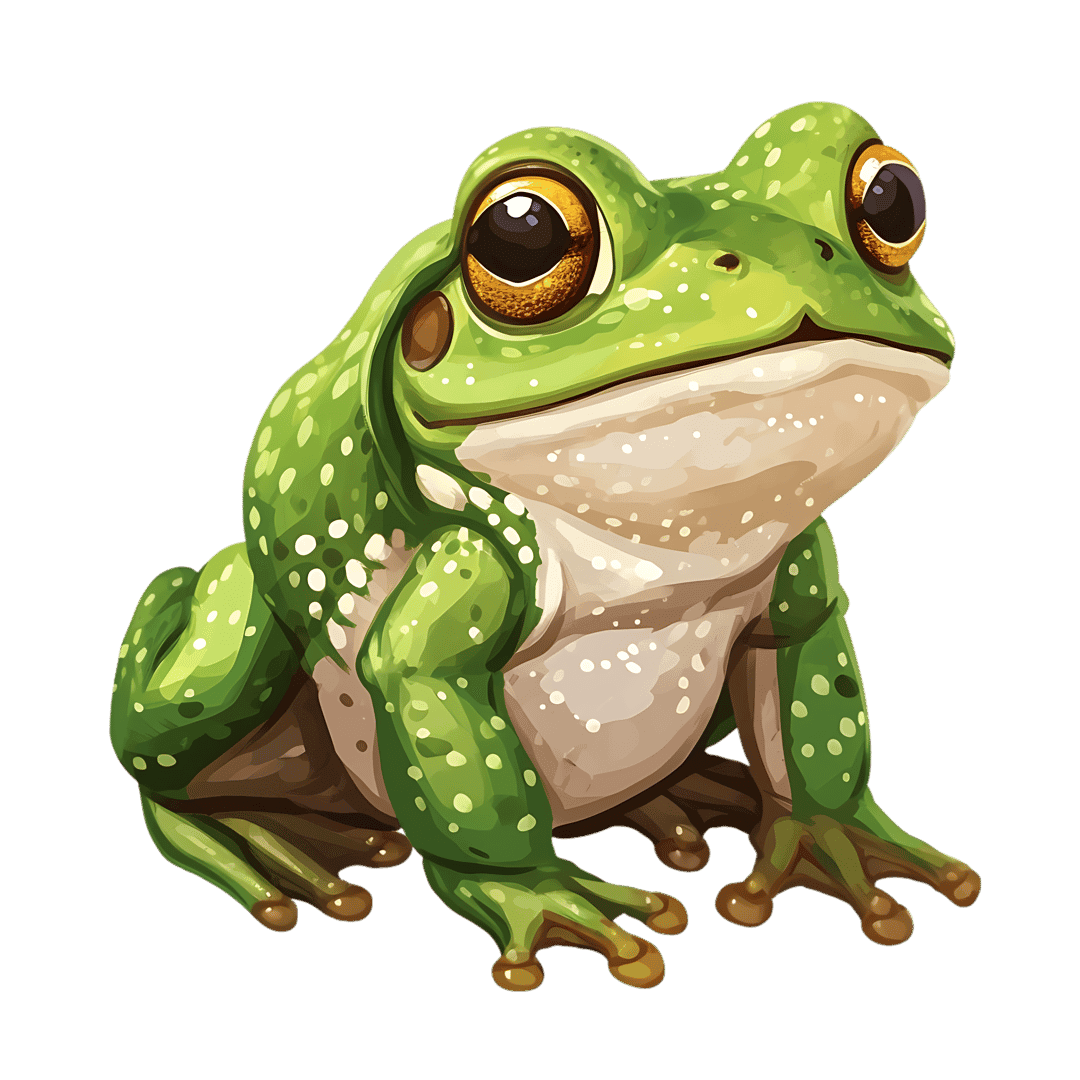 Green frog cartoon with large yellow eyes and white spots sits against a solid black background for high contrast.