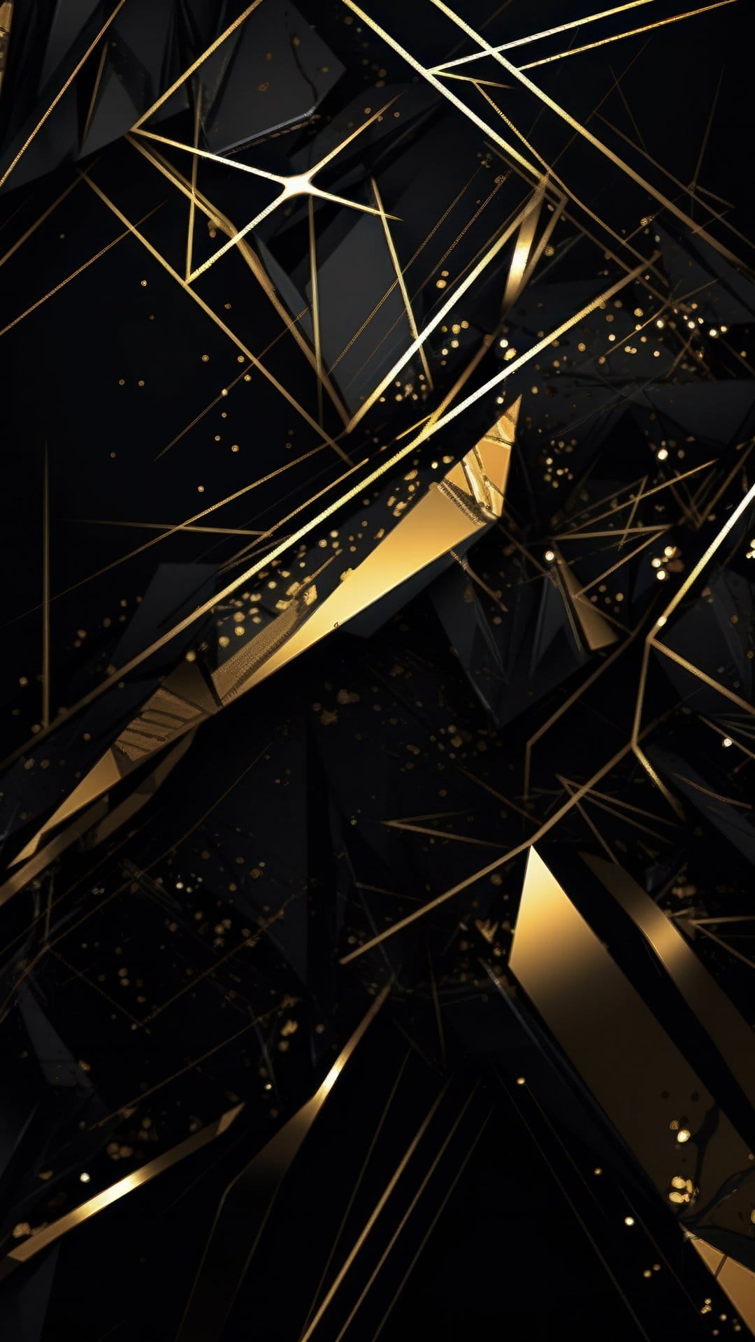 Angular black obsidian shards featuring metallic gold edges and fine glitter particles in a deep dark space.