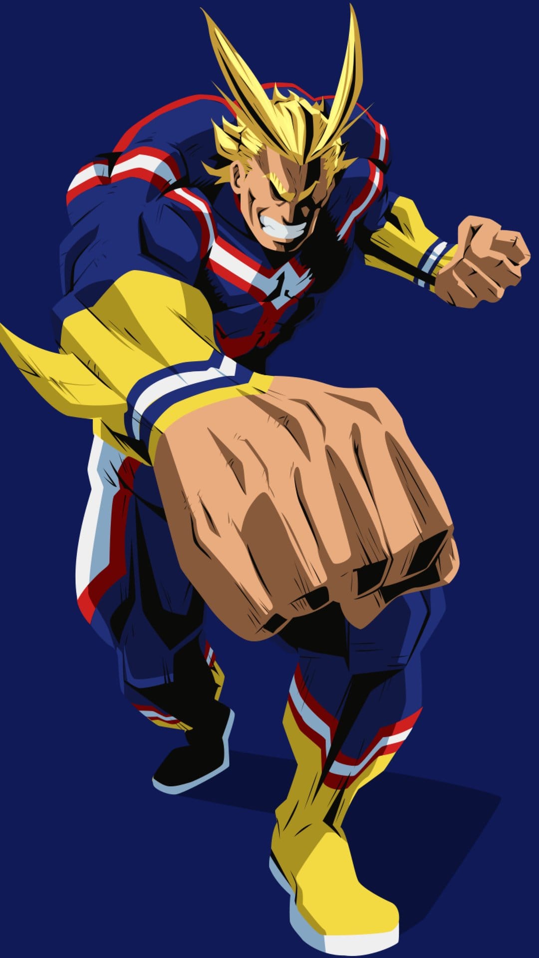 All Might smiles while punching forward with a giant fist against a blue background in his iconic hero costume.